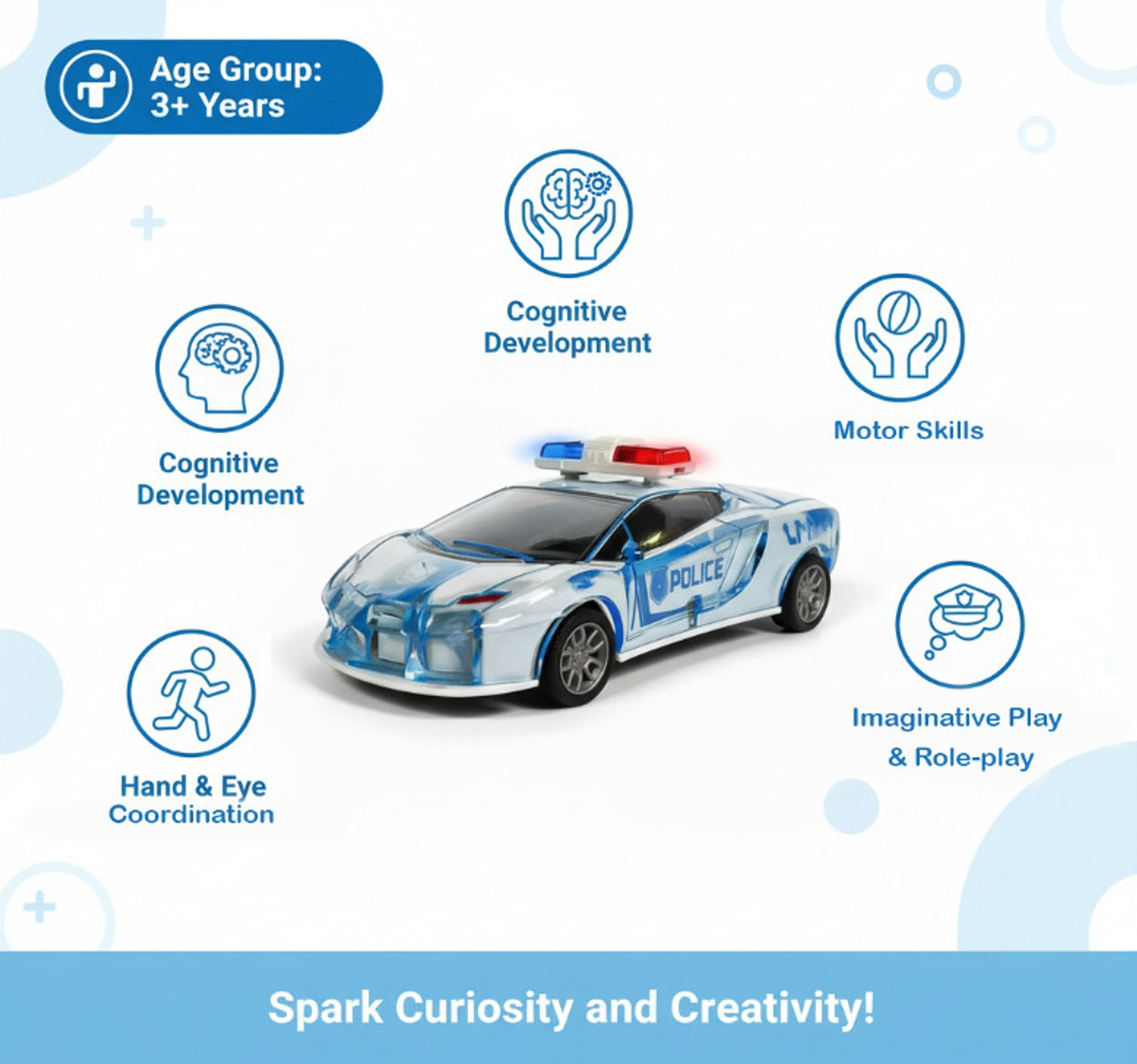 Image of BACHCHARIDE Friction Powered Police Car Toy for Kids with Pull Back Action