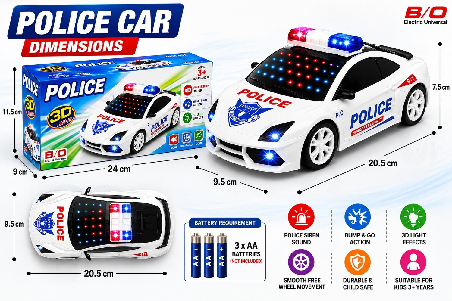 Image of VIYU NATURALS Police Car Toy with Light Sound Siren Bump & Go Battery Operated (Multicolor, Pack of: 1)