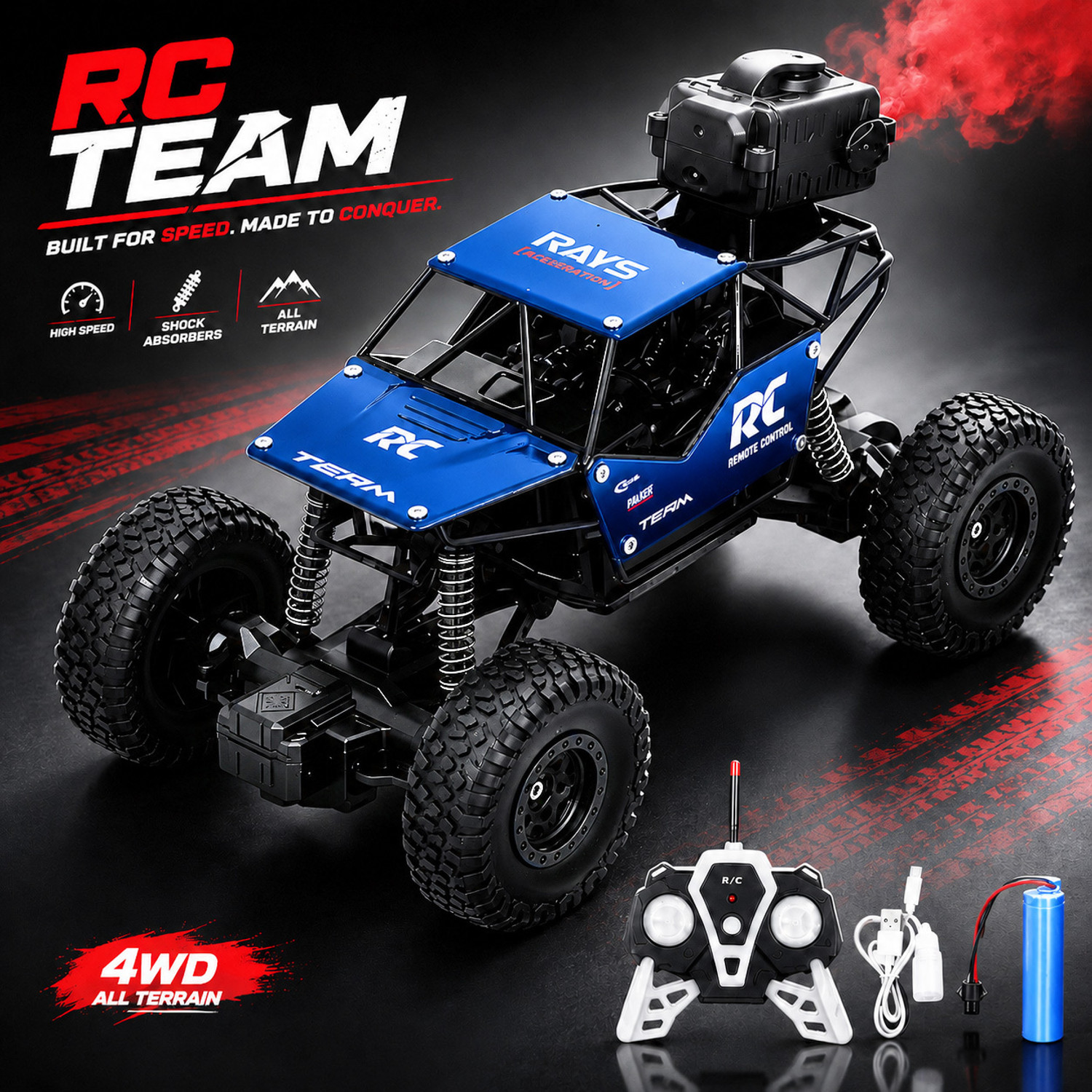 Image of LITTLE RIDES Rock Crawler 1:16 Offroad Monster RC Car with Smoke Function