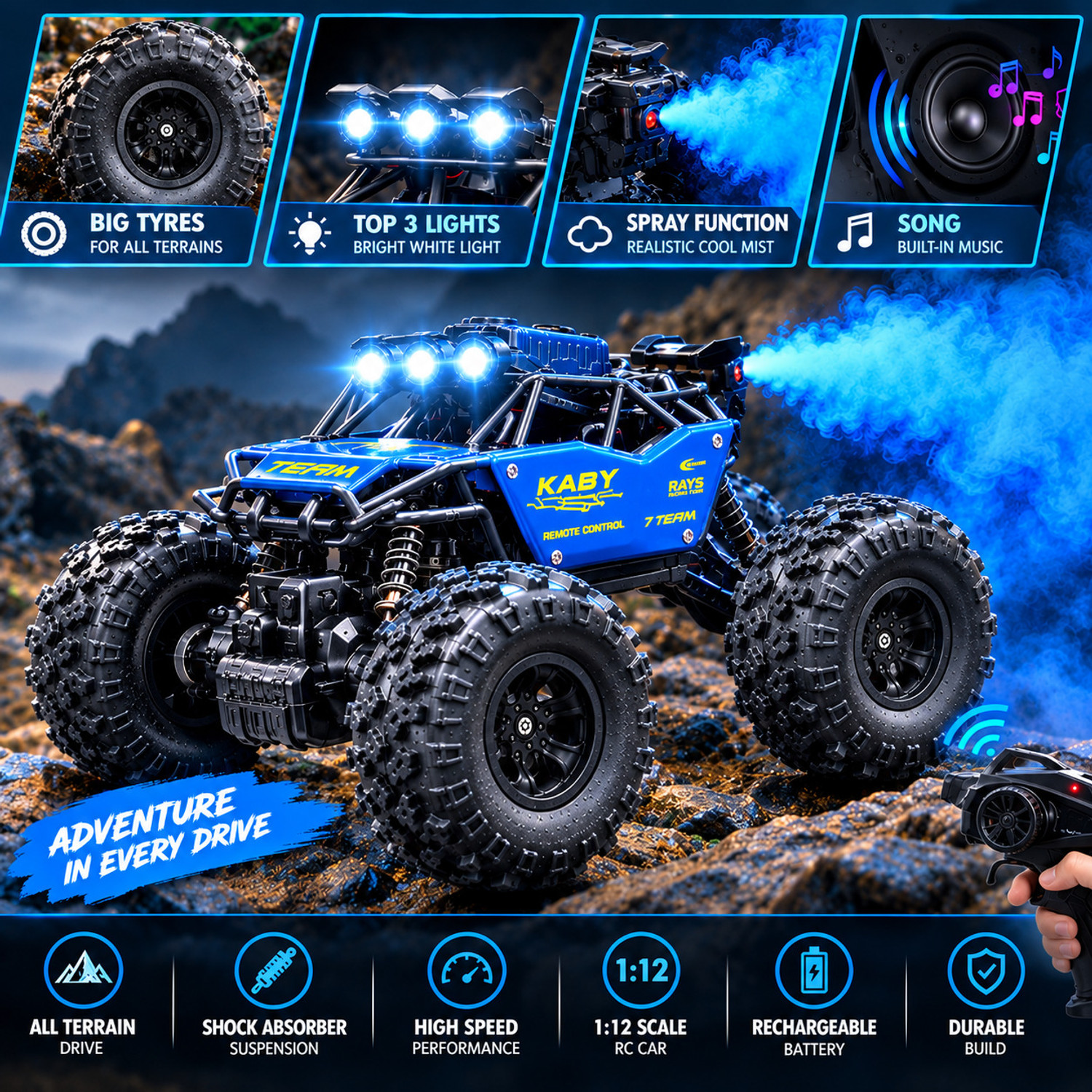 Image of MY WONDERBOX Rock Crawler Rechargeable RC Car 4X4 Off-Road Monster Truck for Kids with Smoke (Blue)