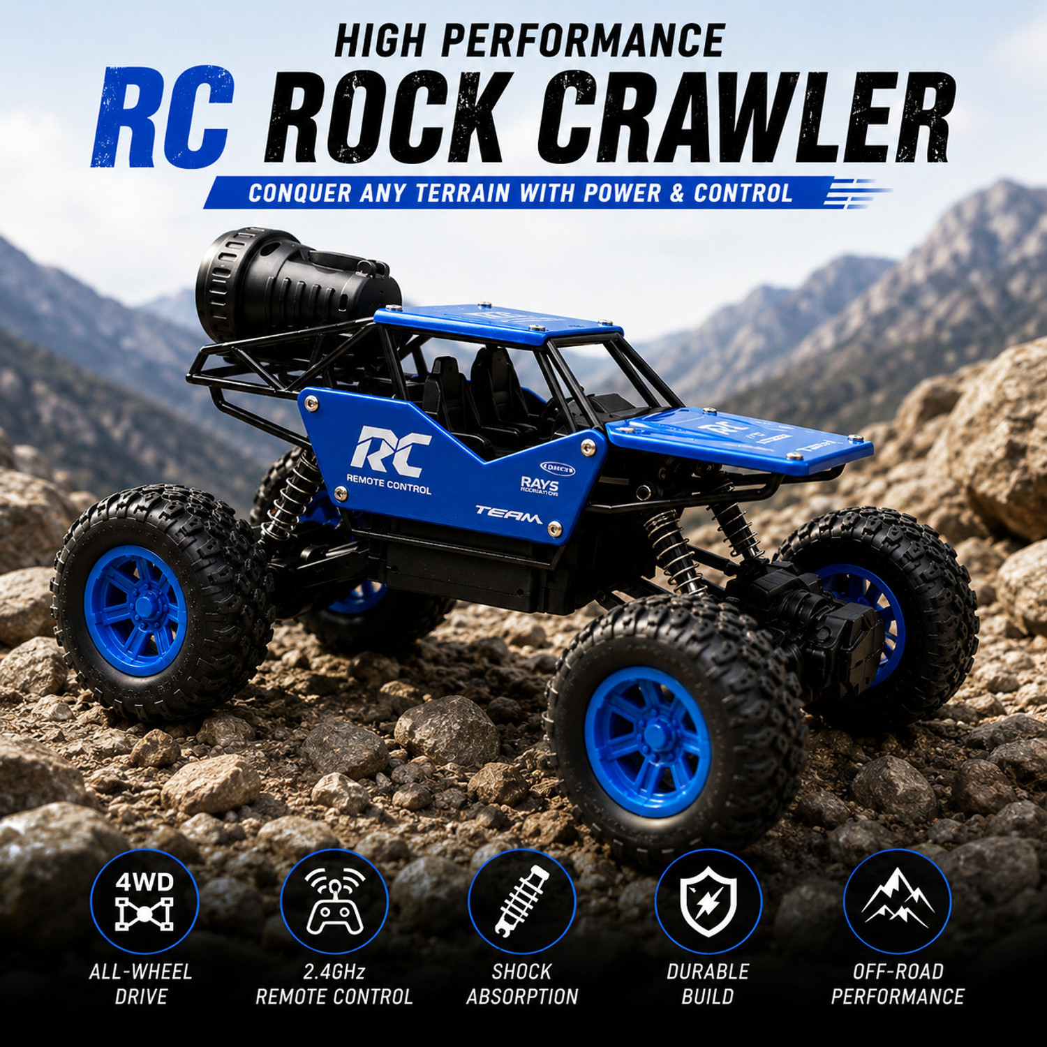 Image of unique zone All-Terrain Rechargeable RC Rock Car with LED Lights & Smoke Function (Red)