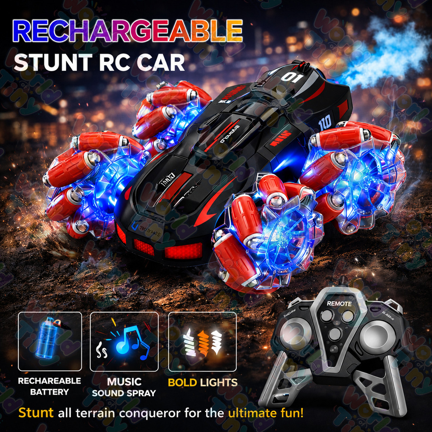 Image of WORLD OF TINY 4WD RC Red Drift Stunt Car 360 Spin, LED & Smoke
