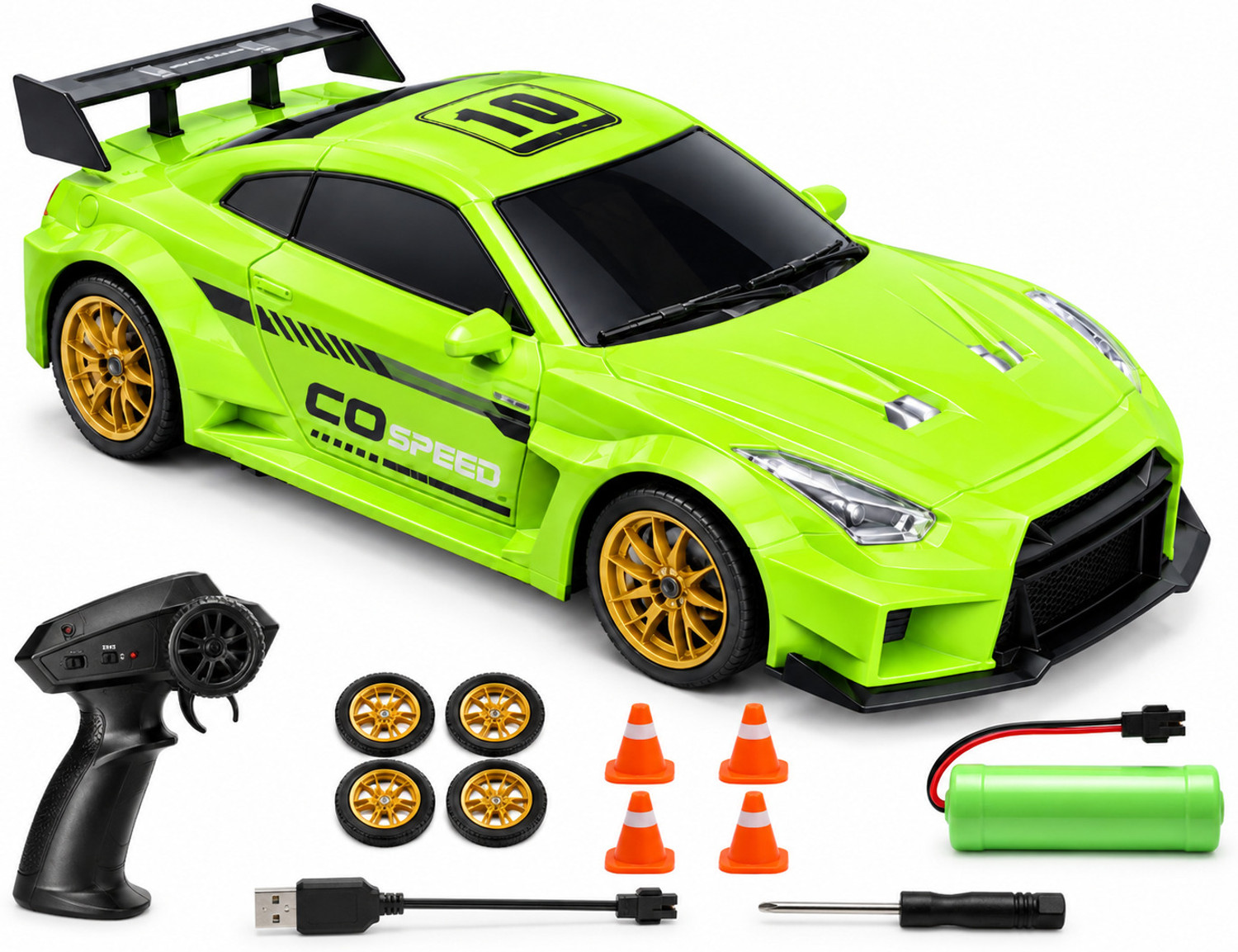 Image of PISCINA RC Drift Car 4WD High-Speed Remote Control Car with LED Lights (Green)