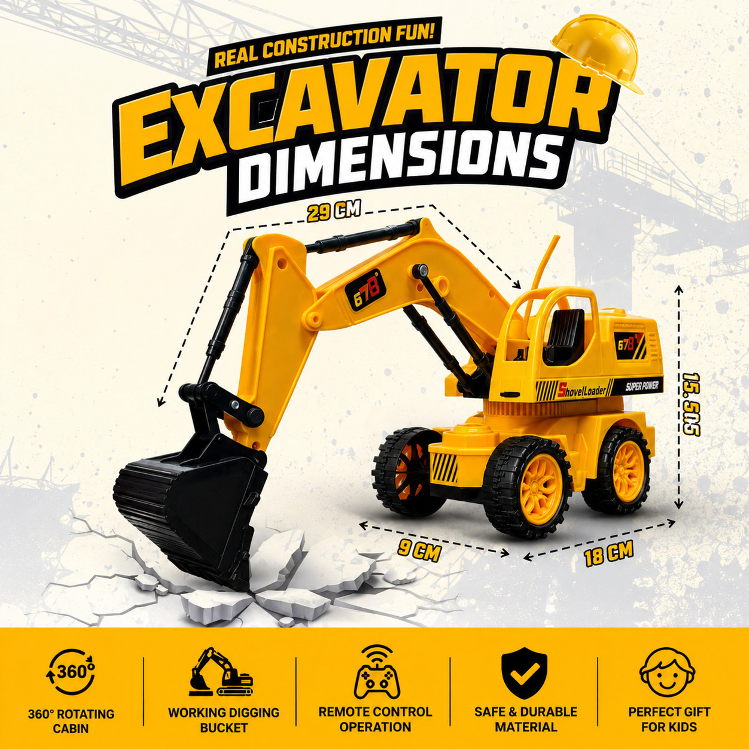 Image of APJ enterprise Remote Control RC Car JCB Toy with Working Bucket, Rechargeable Toy for Kids