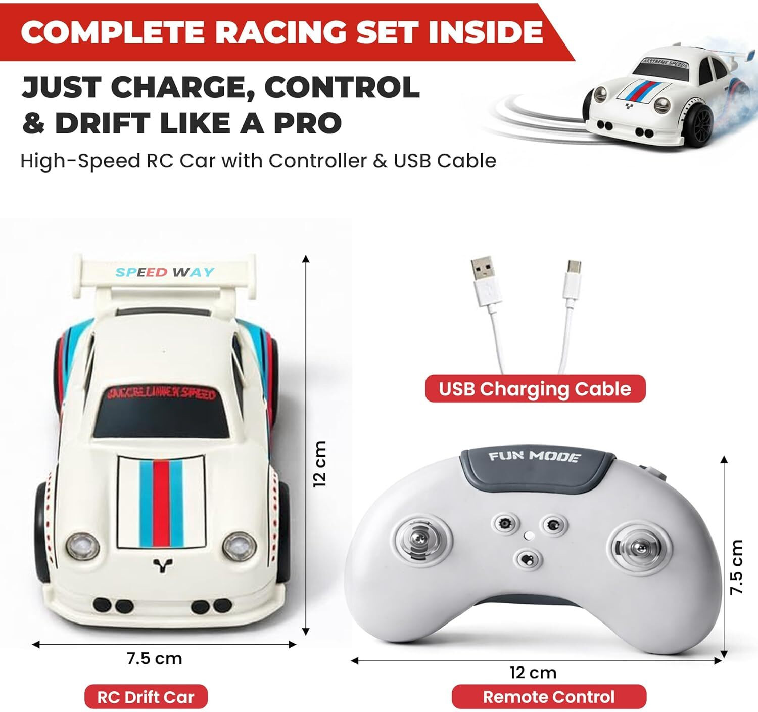 Image of KIDOLOGY RC Drift Car 2.4G Mini Remote Control Car with LED Lights, Sound & 360 Spins