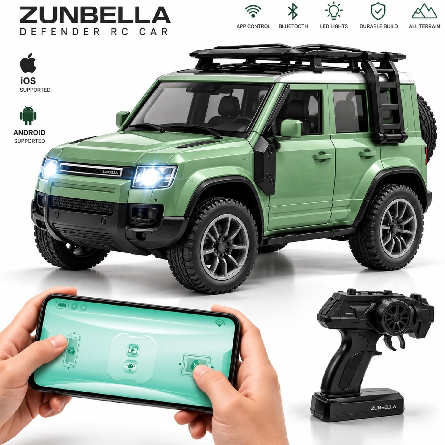 Image of ZUNBELLA Defender Off-Road RC Car with App and Remote Control, LED Lights & Openable Door