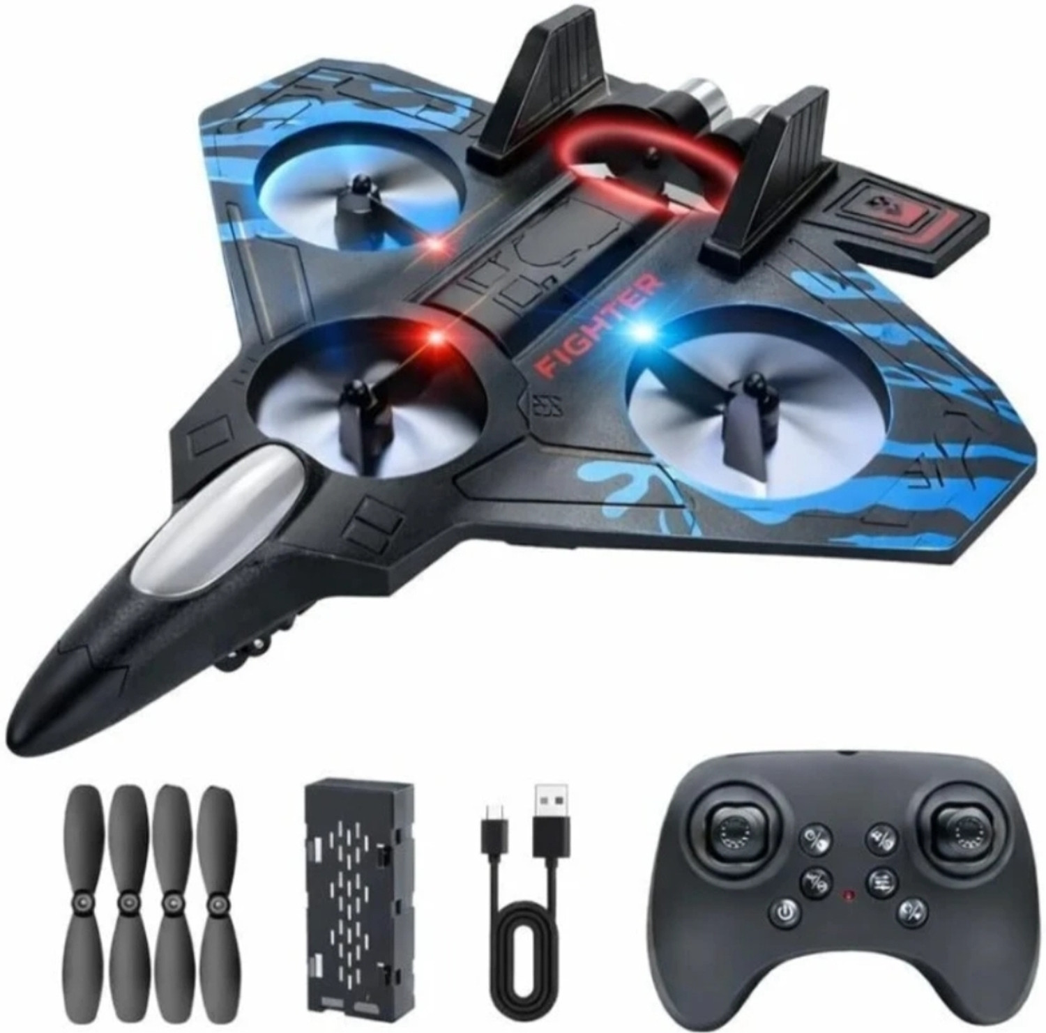 Image of vishaltoys RC Fighter Jet - Remote Control Airplane with LED Lights & Stunt (Black)