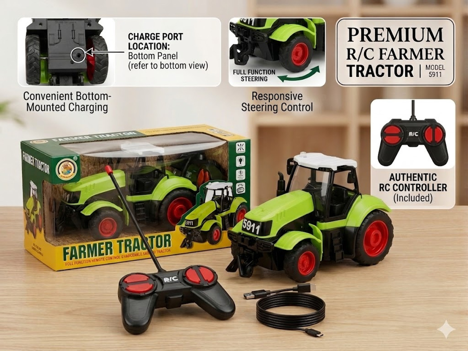 Image of BAIRNINO Premium RC Farm Tractor Toy with Headlights, Opening Front Hook and Rear Hitch