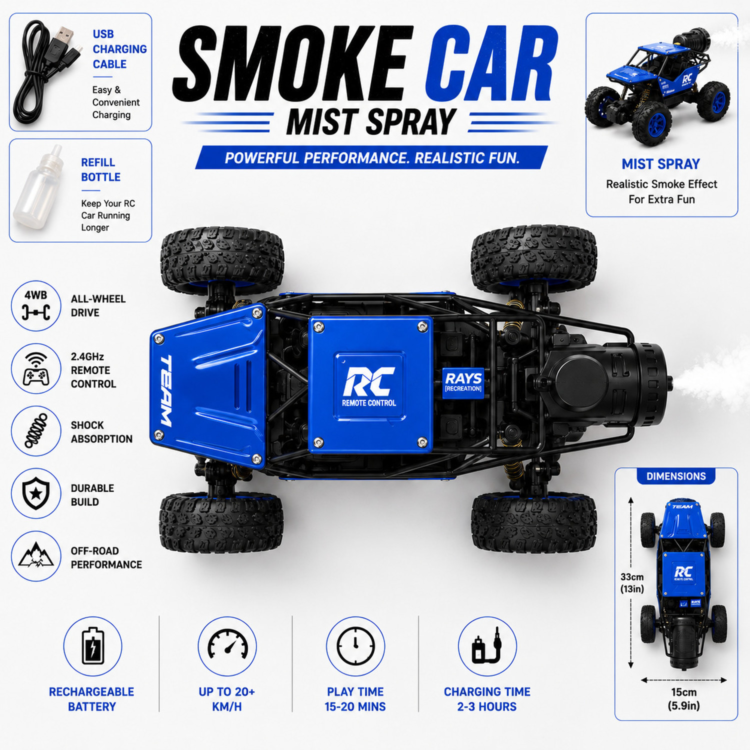 Image of unique zone All-Terrain Rechargeable RC Rock Car with LED Lights & Smoke Function (Red)