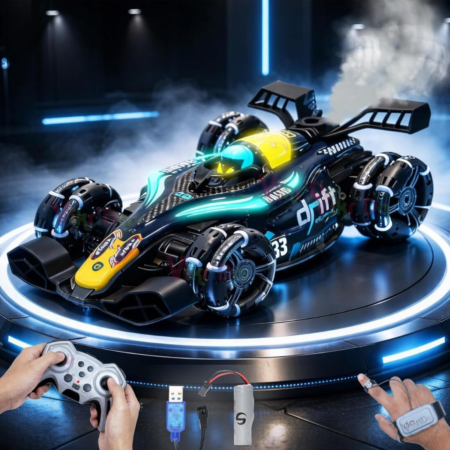 Image of VikriDa RC 4x4 Formula Drift Smoke Car Gesture Control Stunt Racing Car 1:14 Scale