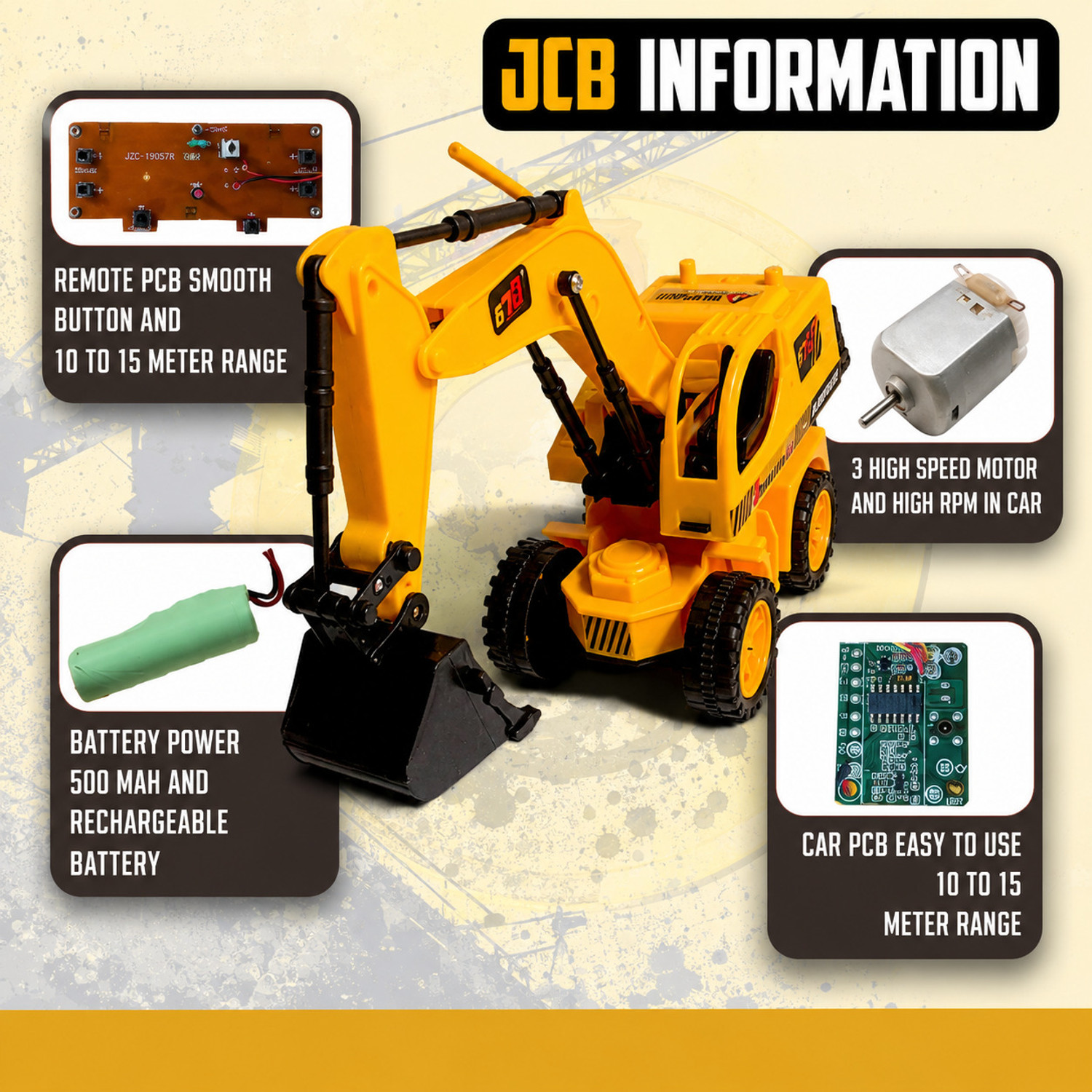 Image of APJ enterprise Remote Control RC Car JCB Toy with Working Bucket, Rechargeable Toy for Kids