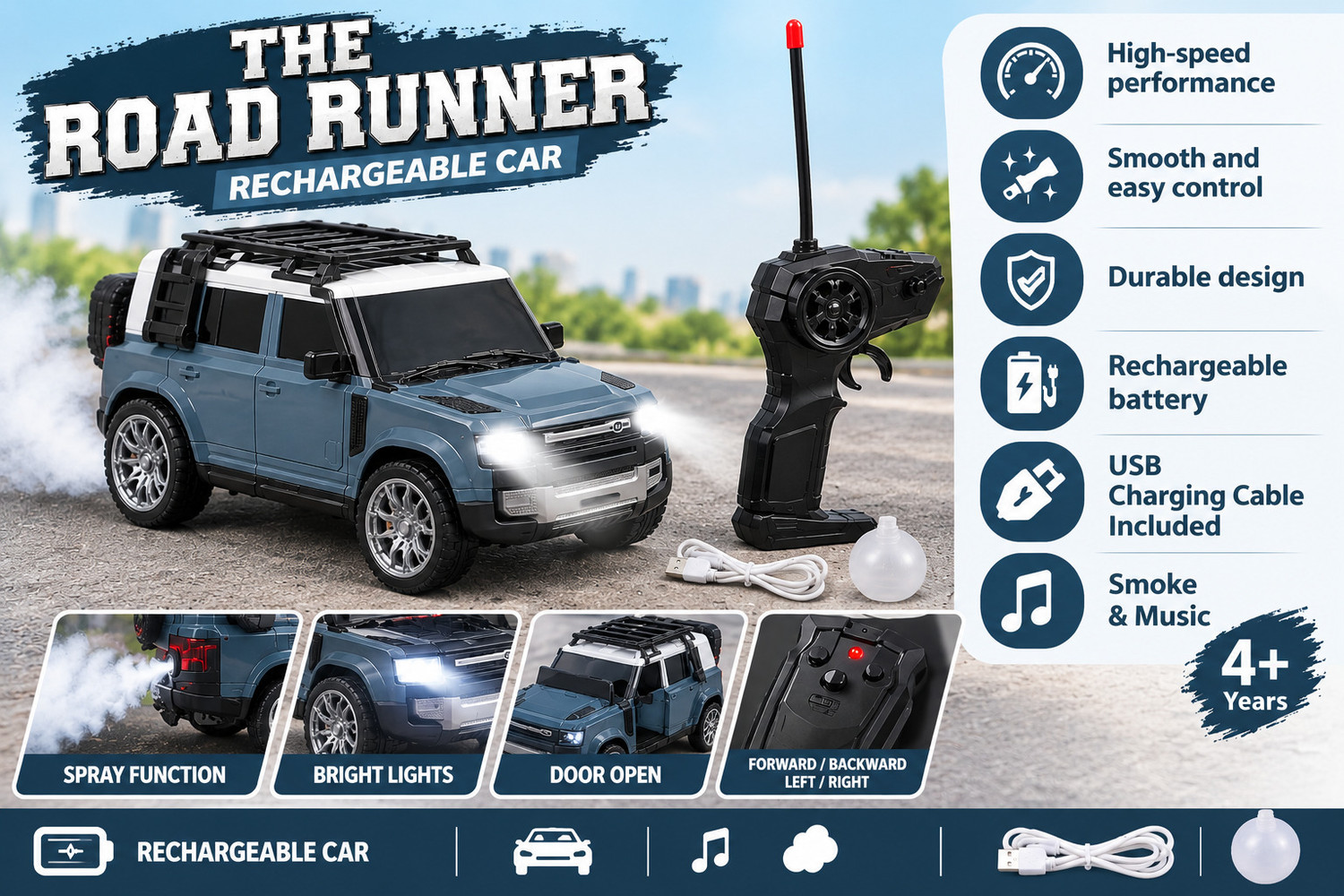 Image of MY WONDERBOX Remote Control SUV Defender Car With Headlight And Smoke Effect (Blue)