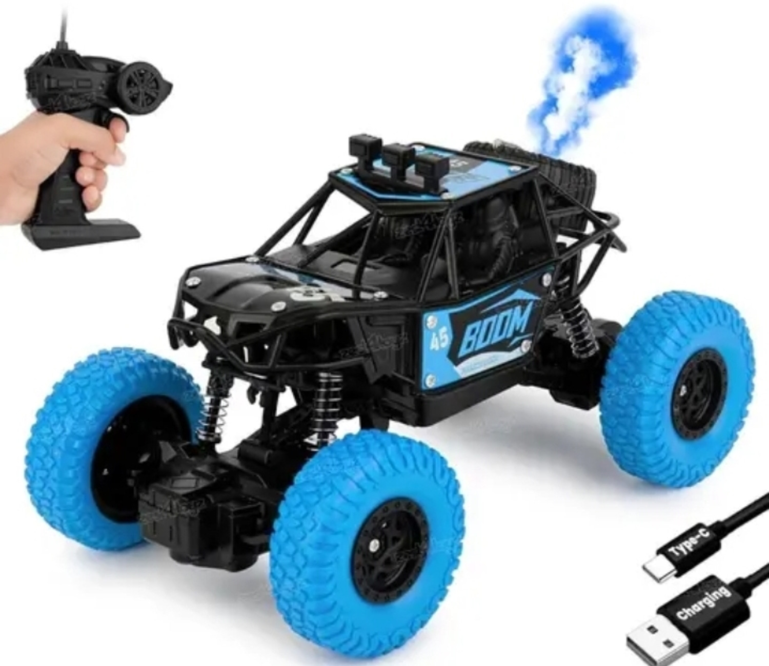 Image of FS TOYS Blue 4x4 rock crawler with smoke RC car rechargeable