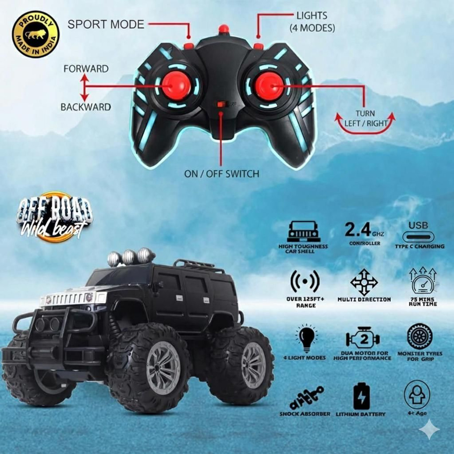 Image of himanshu tex Remote Control Car Headlight Modes Lithium Battery C-Type Charging Black