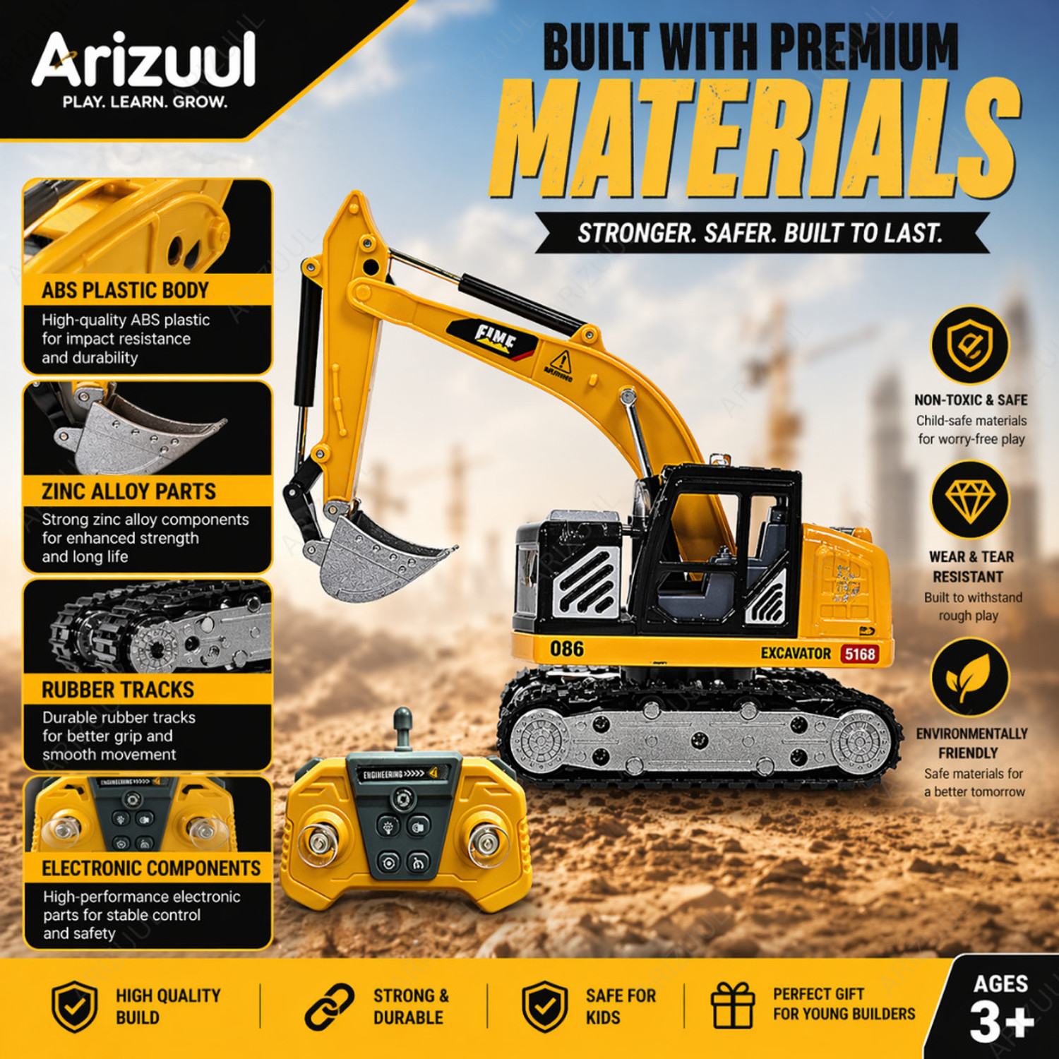 Image of Arizuul 1:64 RC Excavator - Alloy Construction Truck Remote Control Toy for Kids