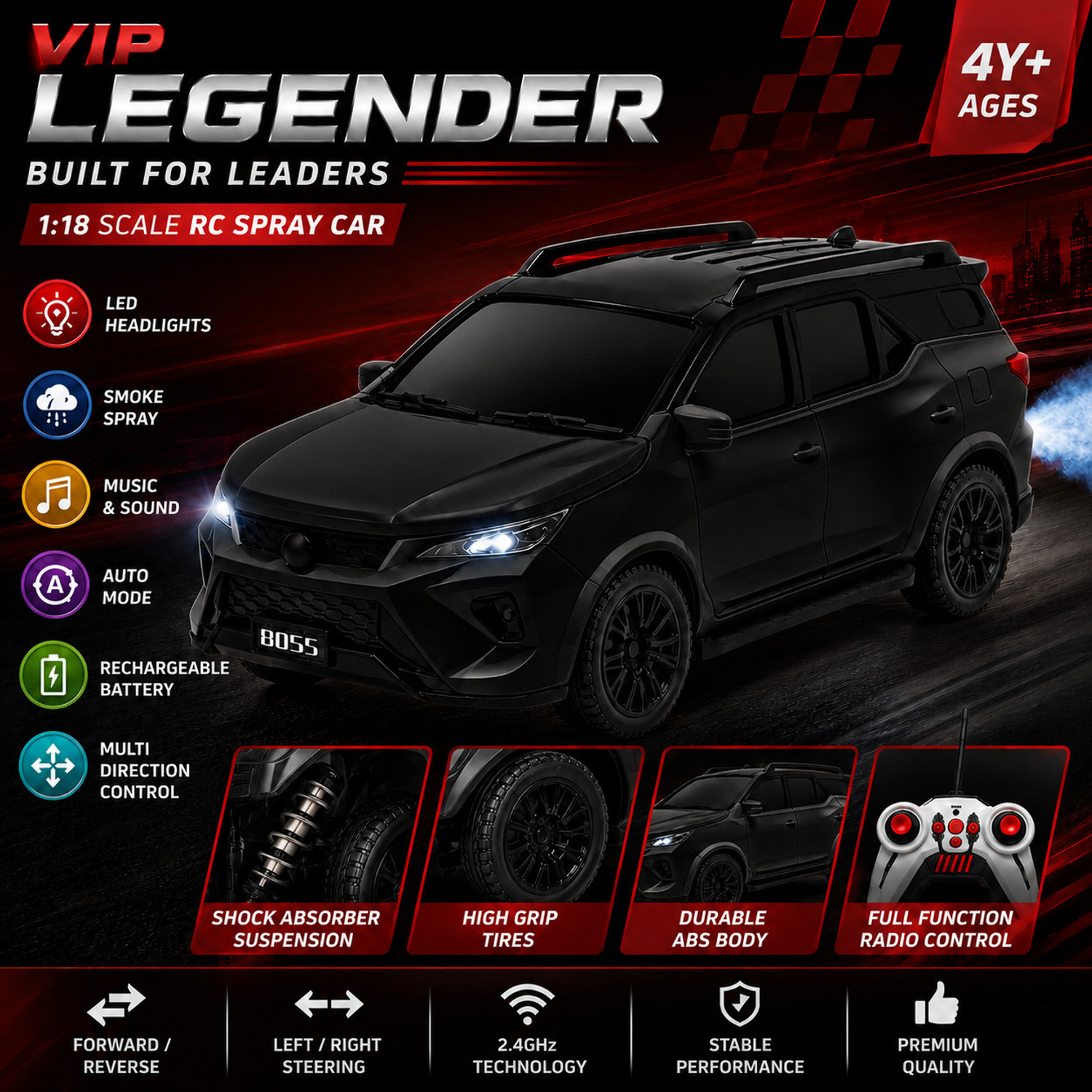 Image of The Flyer's Bay Remote Control Toy SUV Car with Rechargeable Battery, Smoke Spray & LED Lights