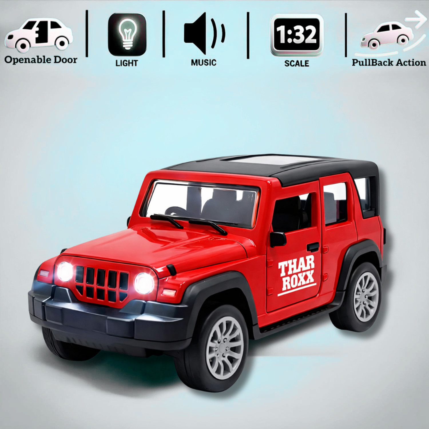 Image of Dillimart Thar Roxx Alloy Die-Cast SUV Toy Car with Light & Sound, Openable Doors (Red)