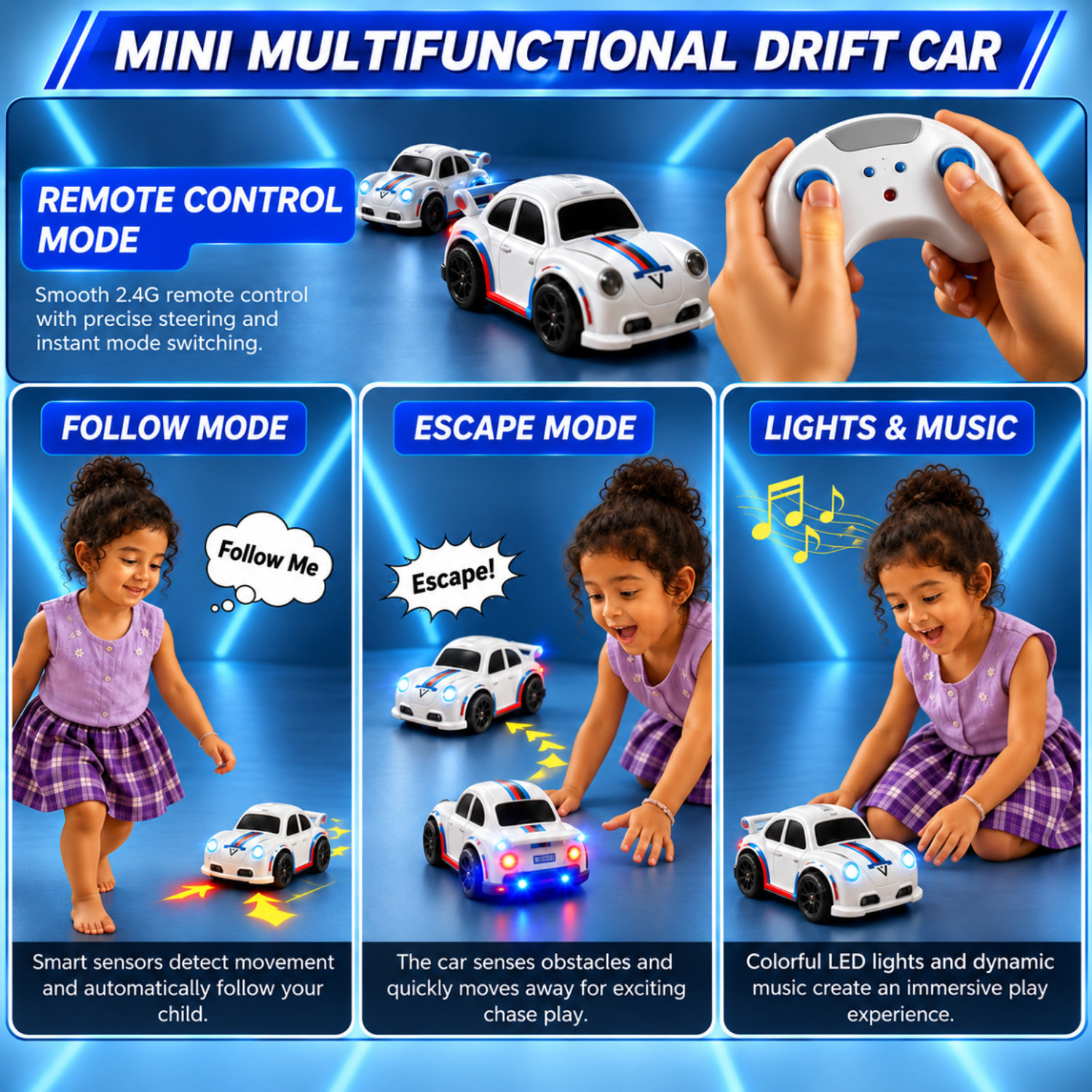 Image of yuvika RC Drift Smart Sensor Drift Car with Led Lights & Music for kids (Black, White)