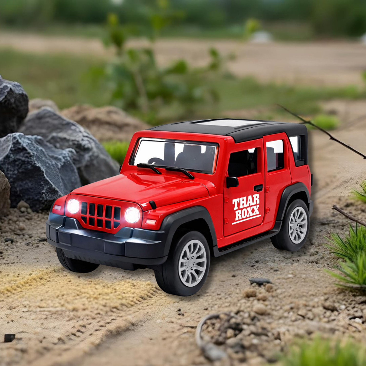 Image of Dillimart Thar Roxx Alloy Die-Cast SUV Toy Car with Light & Sound, Openable Doors (Red)