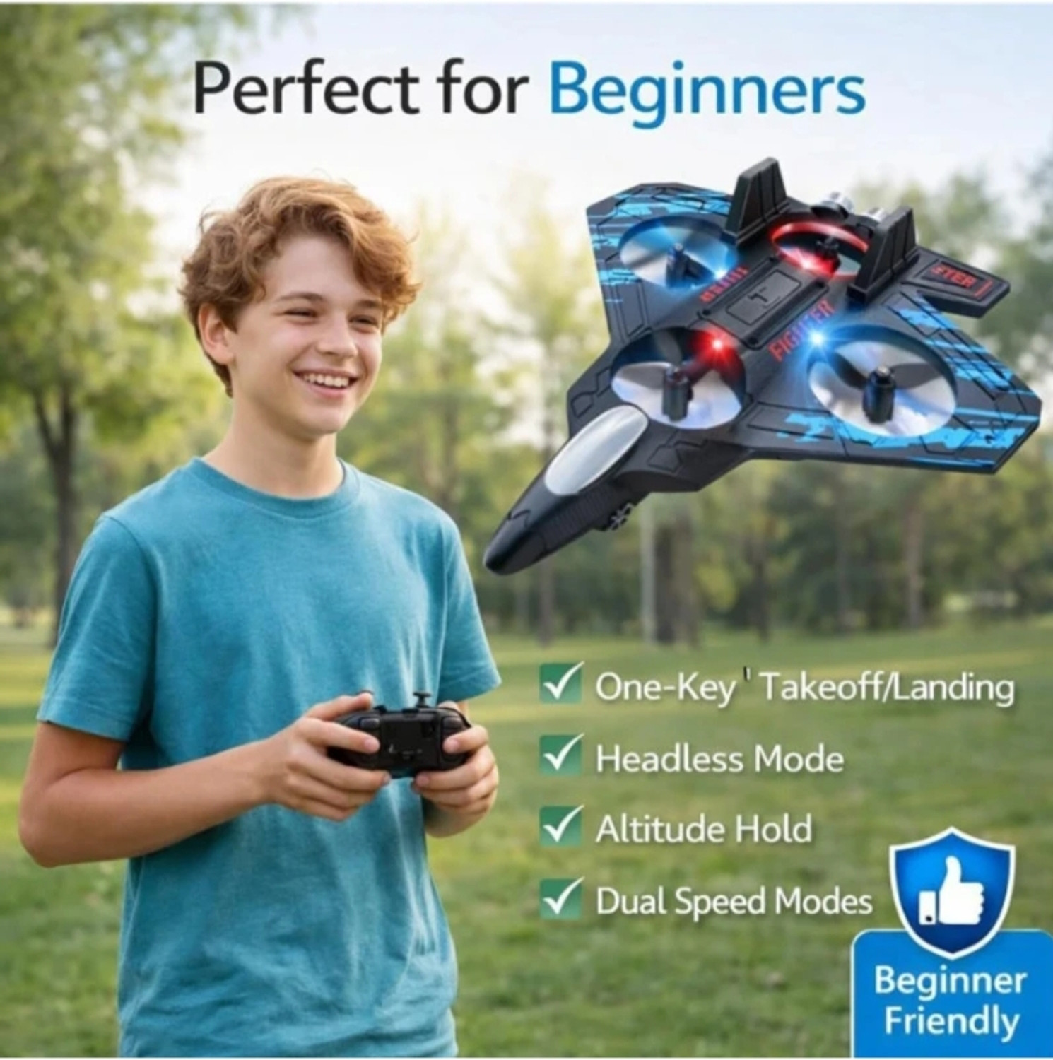 Image of vishaltoys RC Fighter Jet - Remote Control Airplane with LED Lights & Stunt (Black)