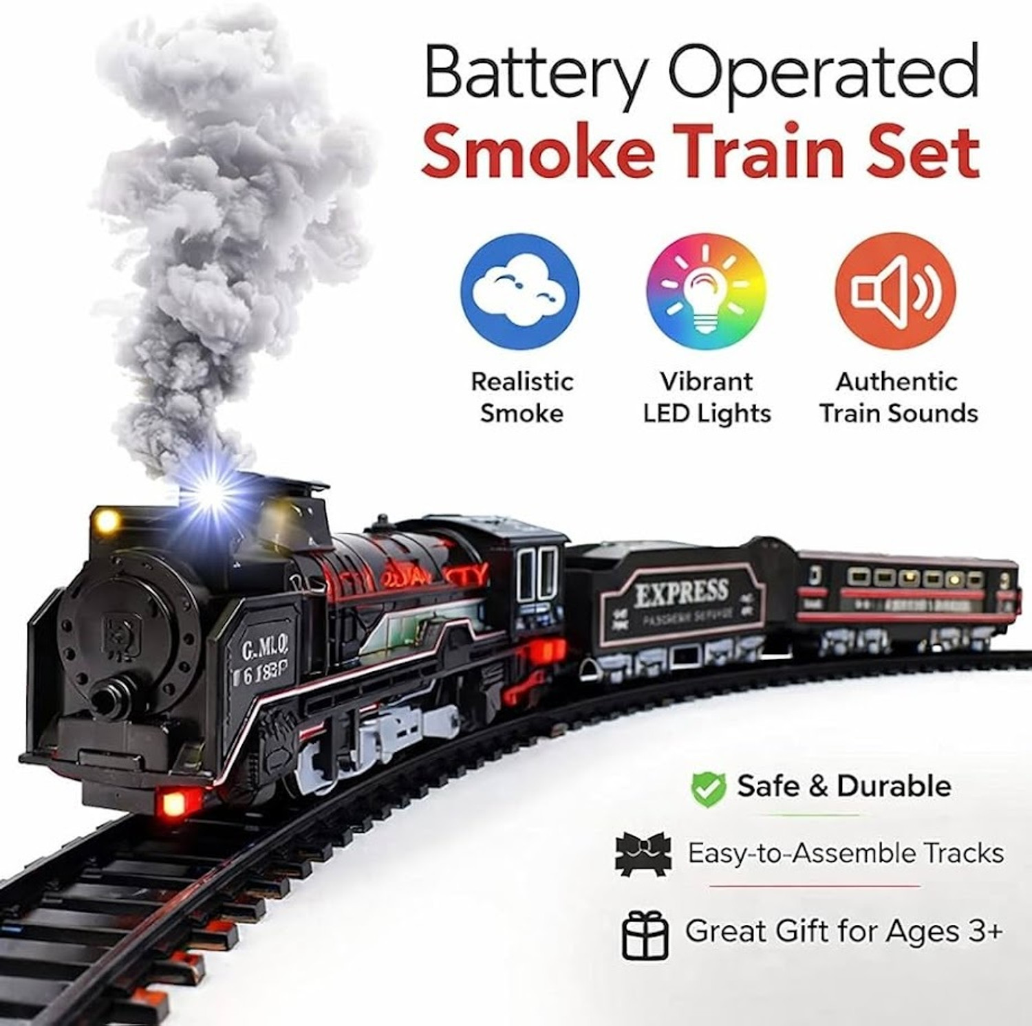 Image of Yuven Kids Battery Operated Toy Train with Smoke, Music & Easy Track Assembly