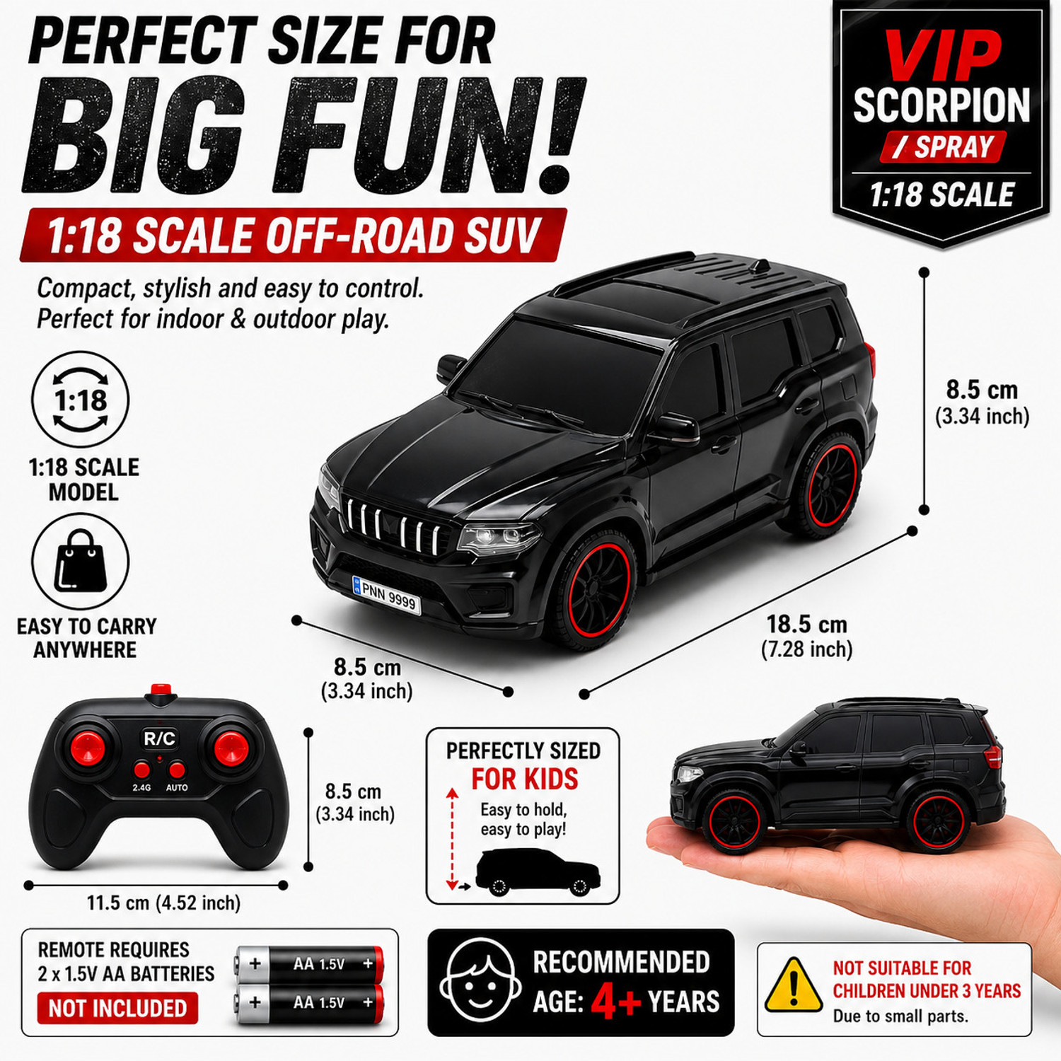 Image of The Flyer's Bay Rechargeable RC SUV Car for Kids, Spray Mist, Police Lights, 1:18