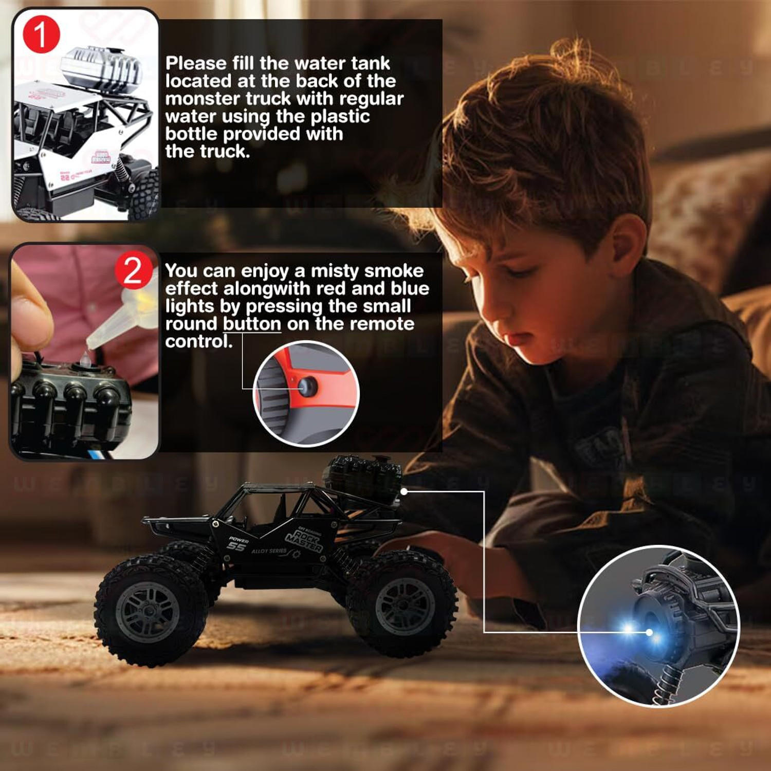 Image of ZUNBELLA Remote Control Rock Monster Car 1:18 Scale Rechargeable Car Toy With Mist Spray
