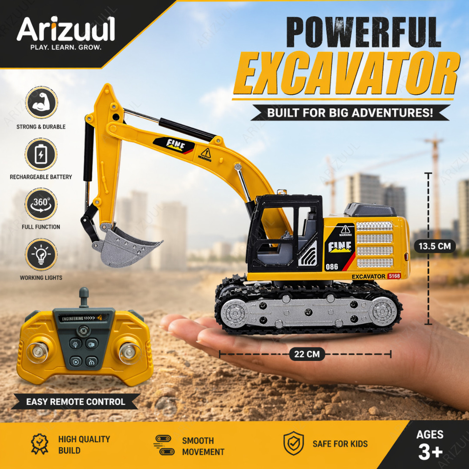 Image of Arizuul 1:64 RC Excavator - Alloy Construction Truck Remote Control Toy for Kids
