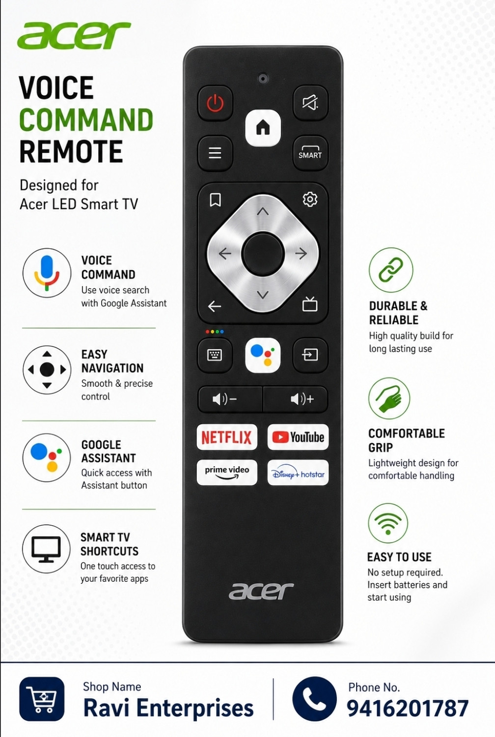 Image of RM Acer Led Tv Remote (Voice Command) (Android series) Acer (Android Tv) Remote Controller