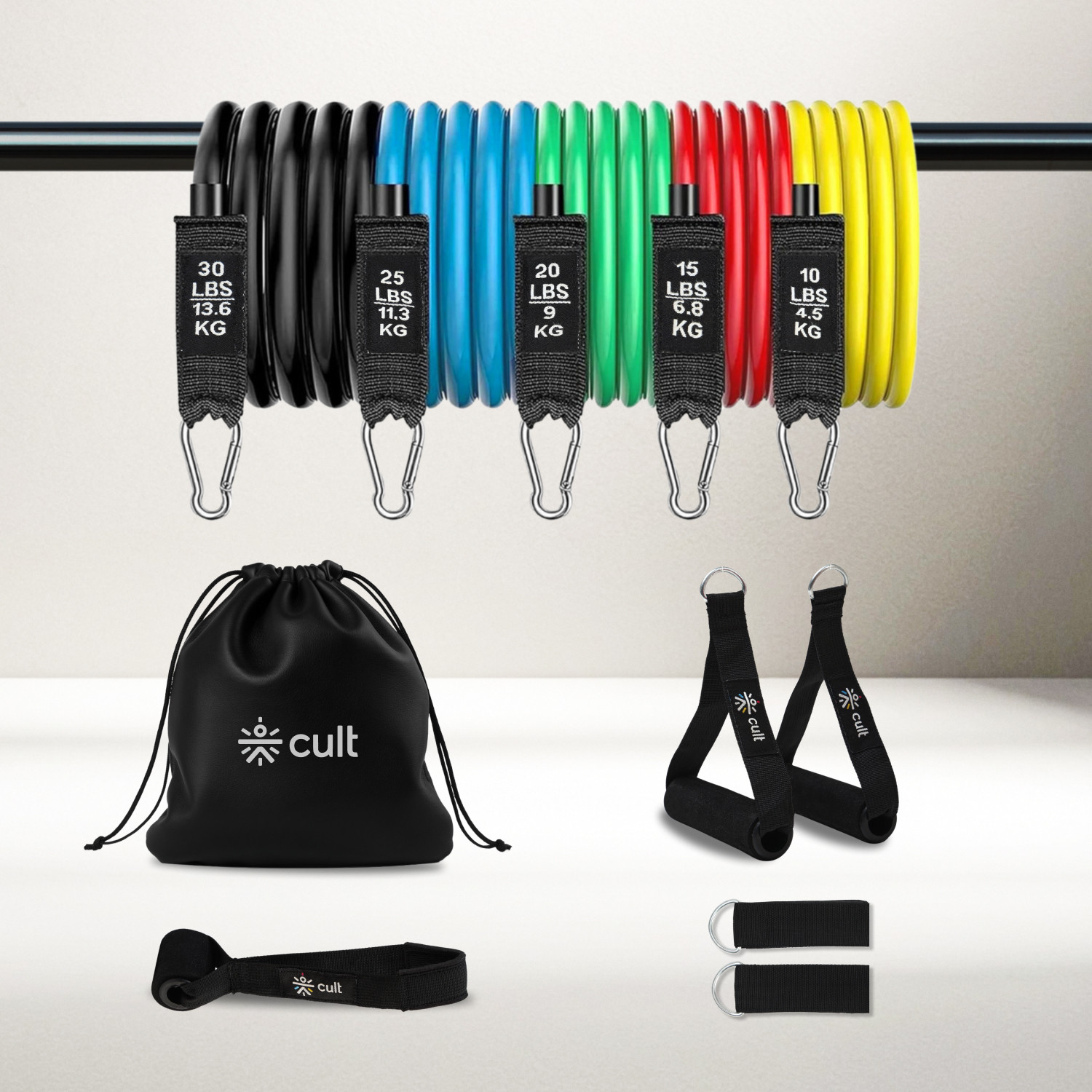 Image of Cult Resistance Bands Set of 11 with Handles, Ankle Straps & Carry Bag Resistance Tube
