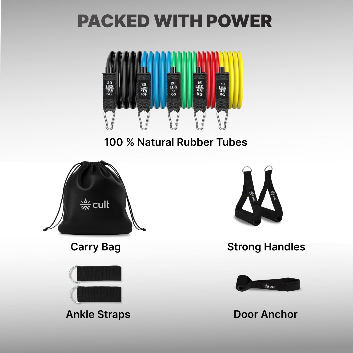 Image of Cult Resistance Bands Set of 11 with Handles, Ankle Straps & Carry Bag Resistance Tube