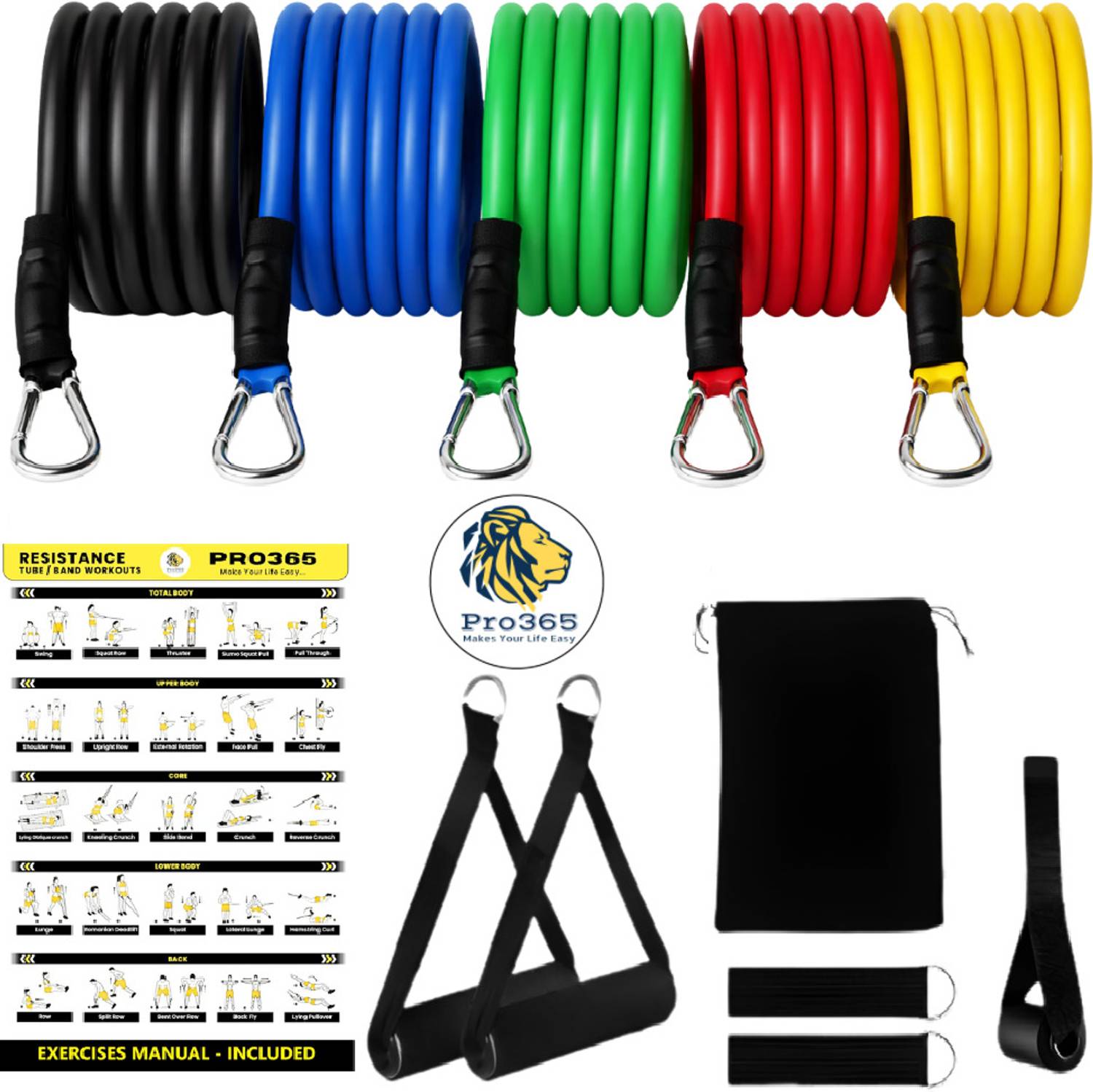 PRO365 Resistance Bands Kit for Strength and Flexibility for Home Gym Workout Resistance Tube
