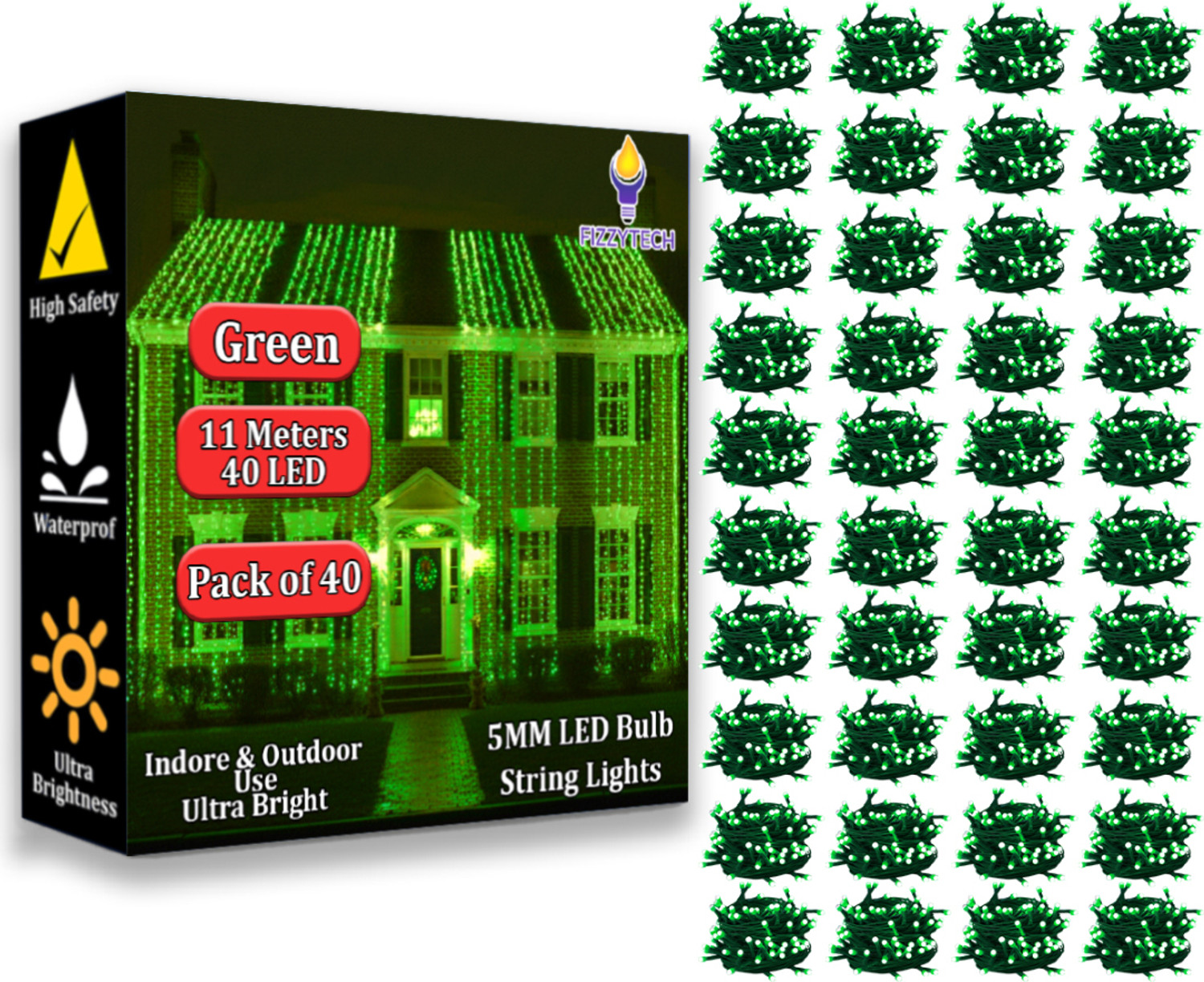 Image of FIZZYTECH 40 LEDs 11 m Green Flickering String Rice Lights