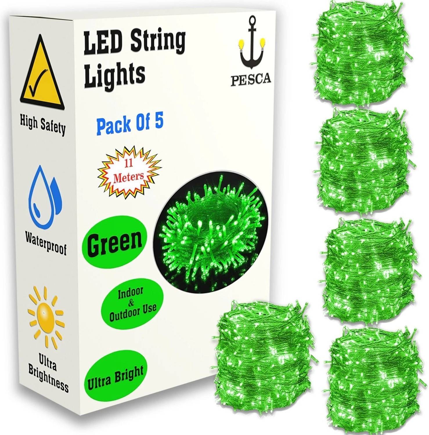 PESCA 40 LEDs 11 m Green Steady String Rice Lights (Pack of 5)