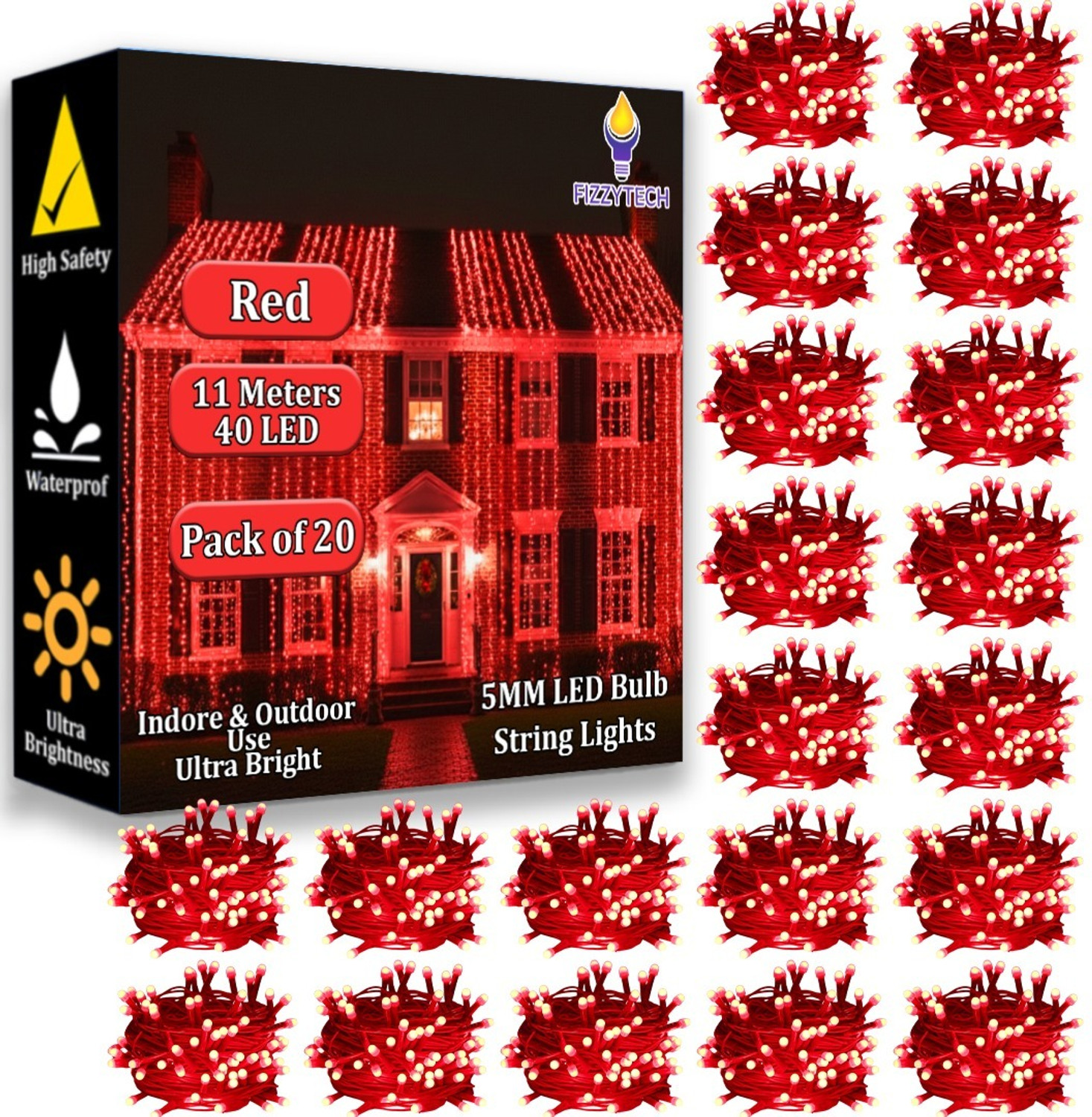 Image of FIZZYTECH 40 LEDs 11 m Red Flickering String Rice Lights