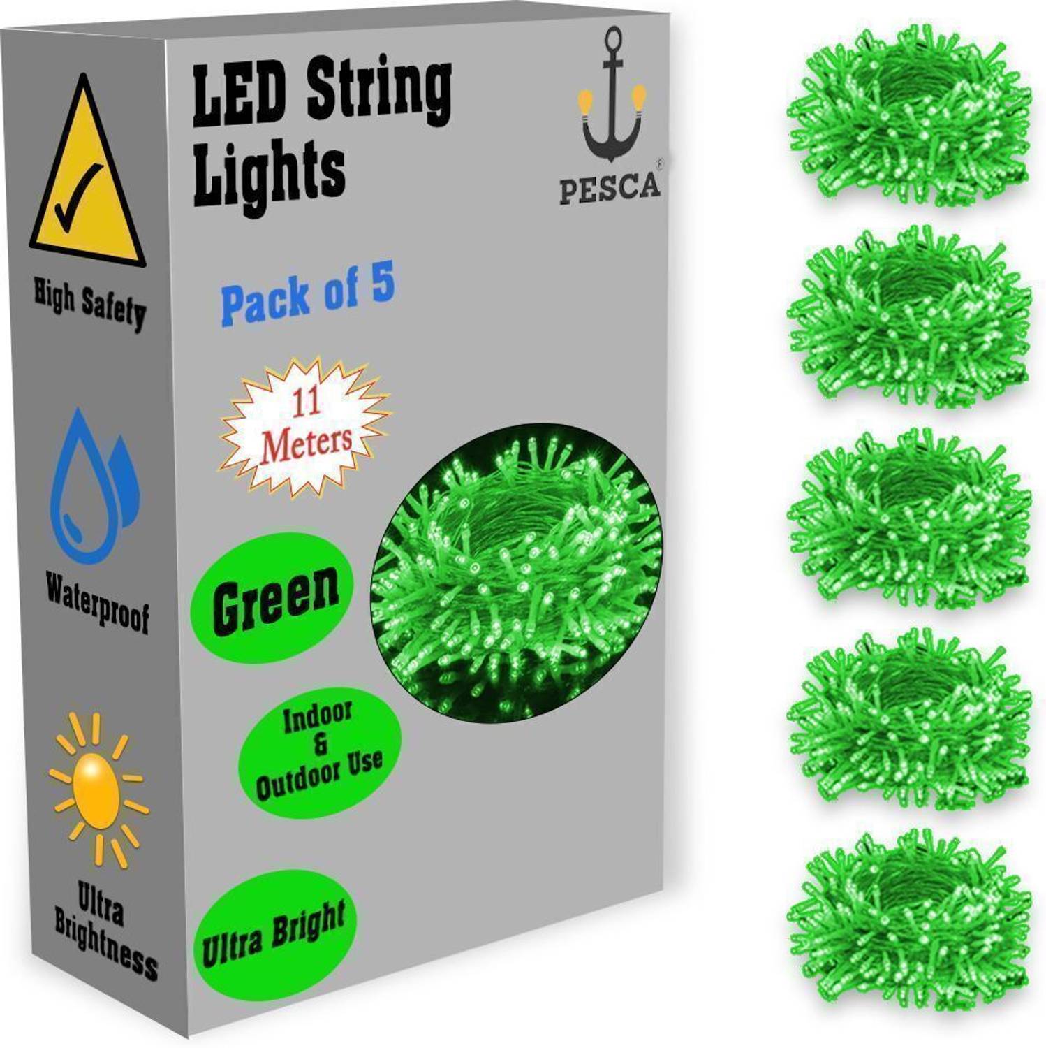 PESCA 40 LEDs 11 m Green Steady String Rice Lights (Pack of 5)