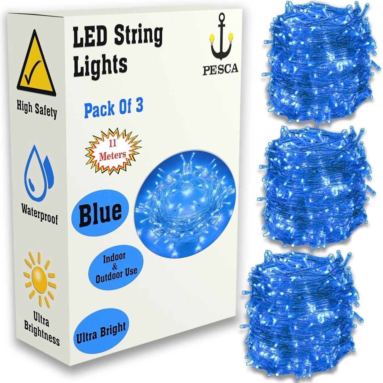PESCA 40 LEDs 11 m Blue Steady String Rice Lights (Pack of 3)