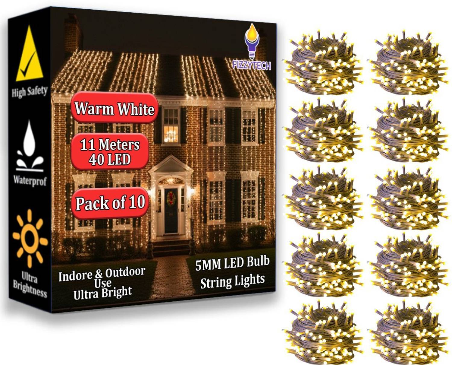 FIZZYTECH 40 LEDs 11 m Yellow Steady String Rice Lights (Pack of