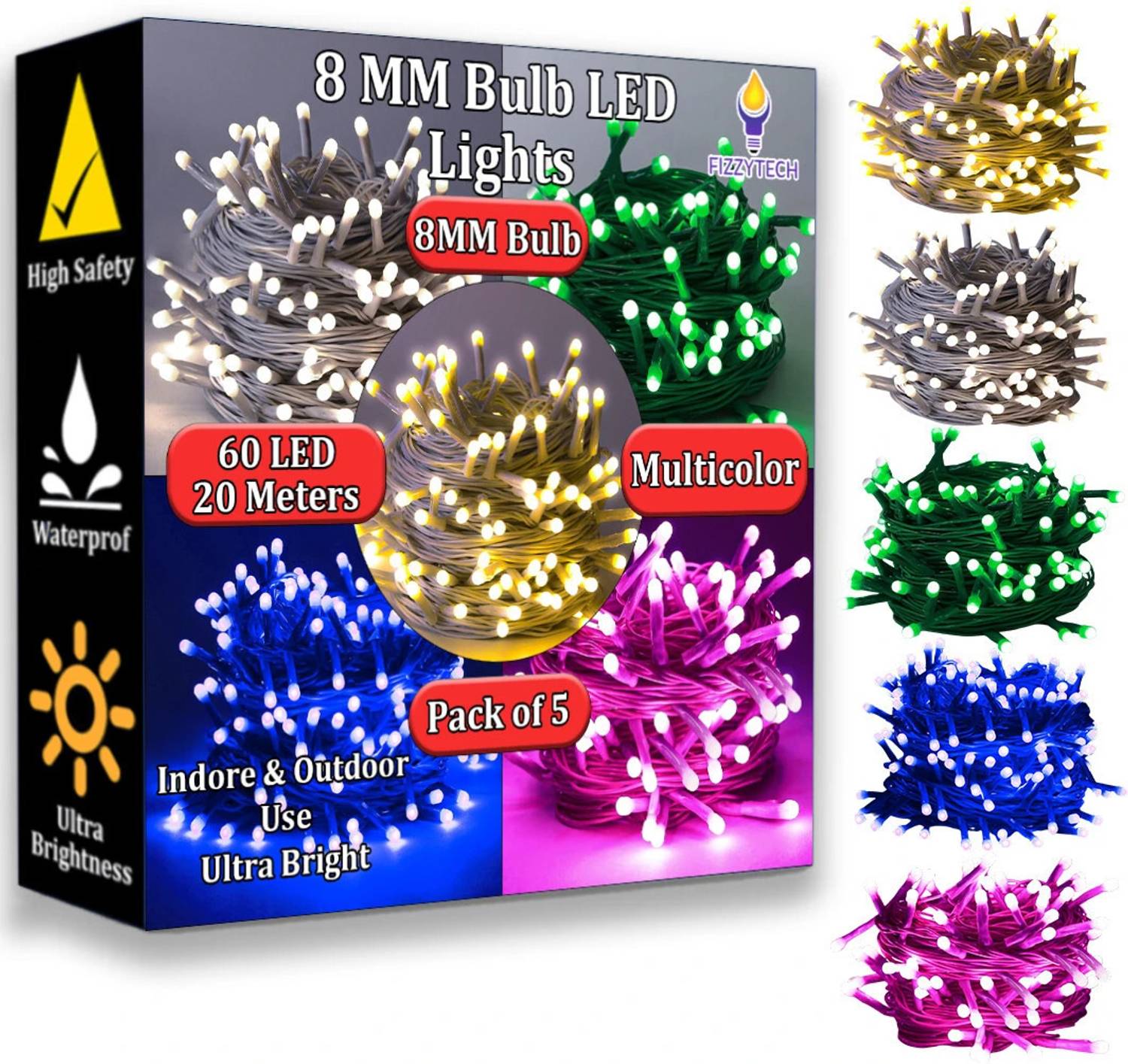 FIZZYTECH 60 LEDs 20 m Multicolor Steady String Rice Lights (Pack