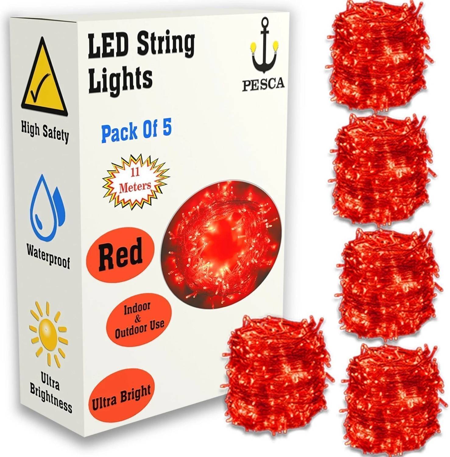 PESCA 40 LEDs 11 m Red Steady String Rice Lights (Pack of 5)