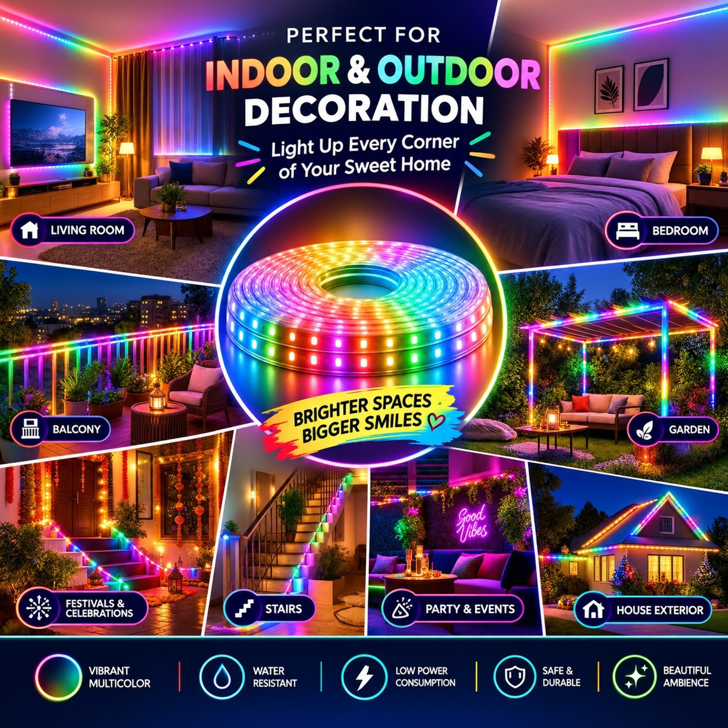 Image of Peafowl Wholesale 1200 LEDs 5 m Multicolor Steady Strip Rice Lights (Pack of 1)