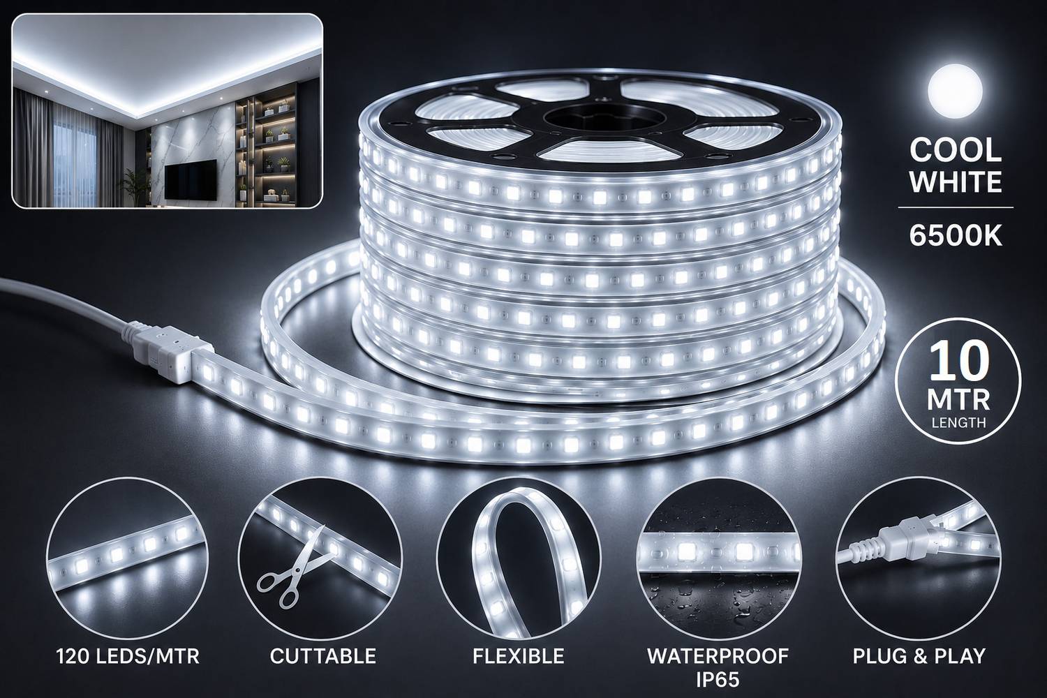 HBX 120 LEDs 10m White Steady Strip Rice Lights Pack of 1 - Image 1