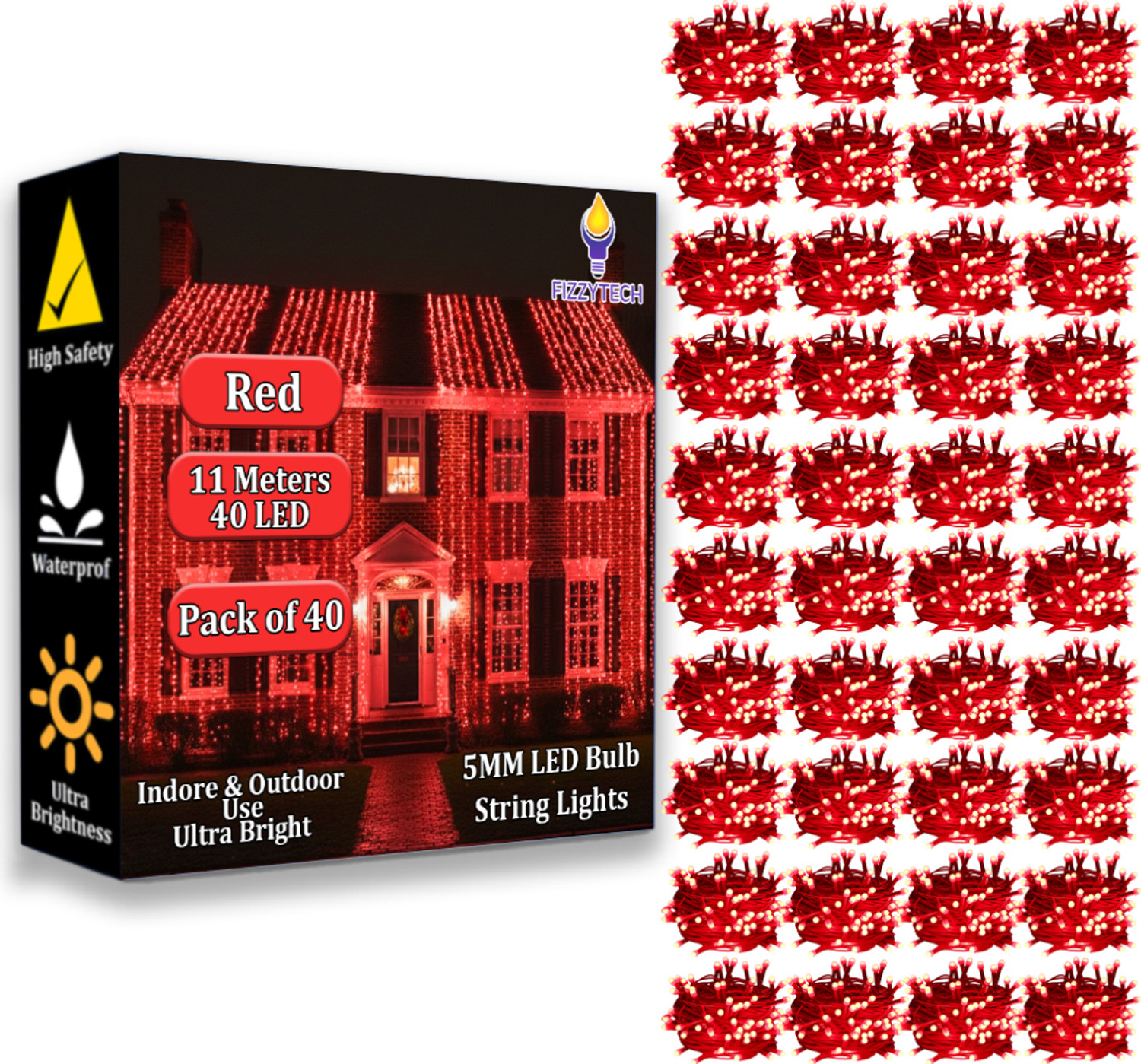 Image of FIZZYTECH 40 LEDs 11 m Red Flickering String Rice Lights