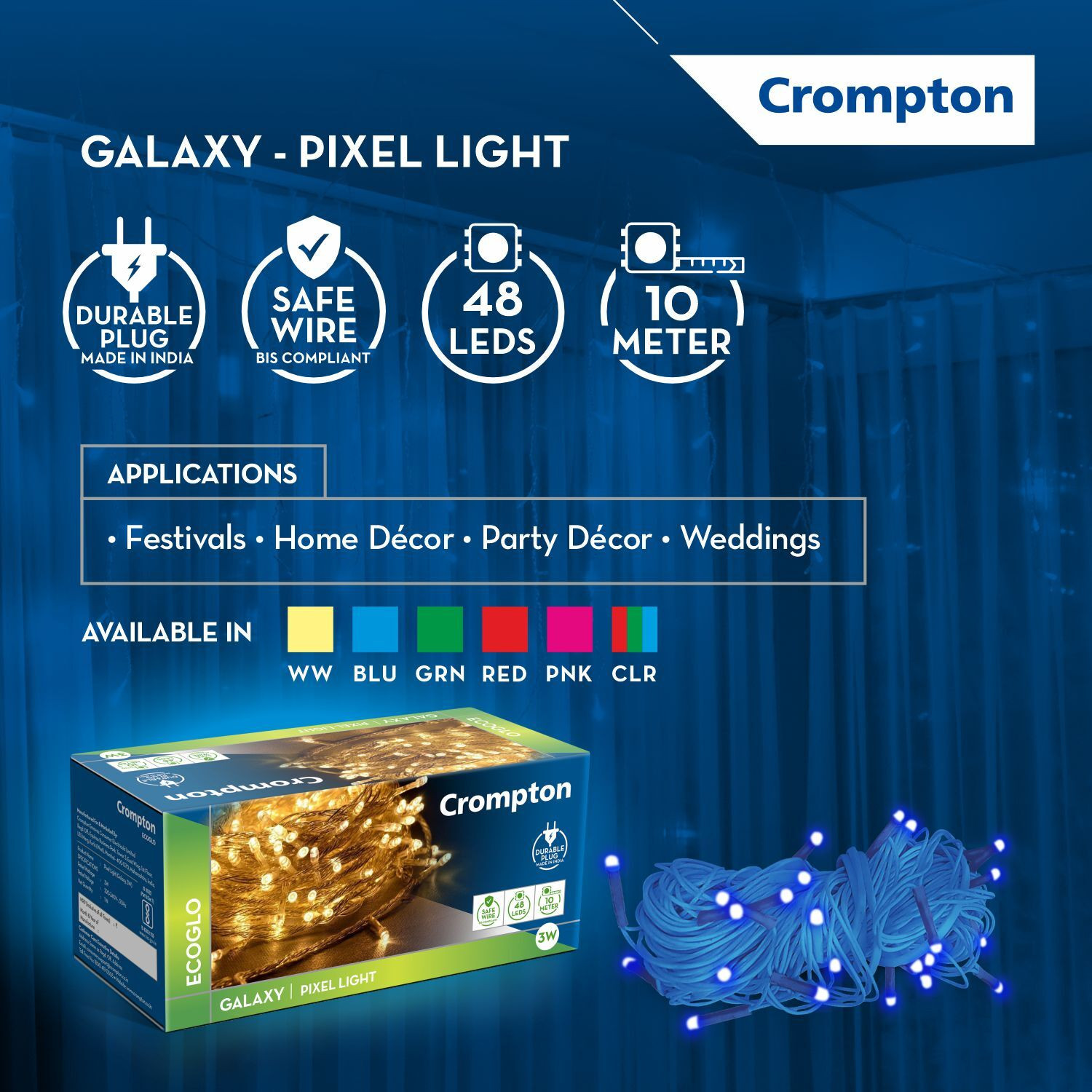 Image of Crompton 48 LEDs 10 m Blue Steady String Rice Lights