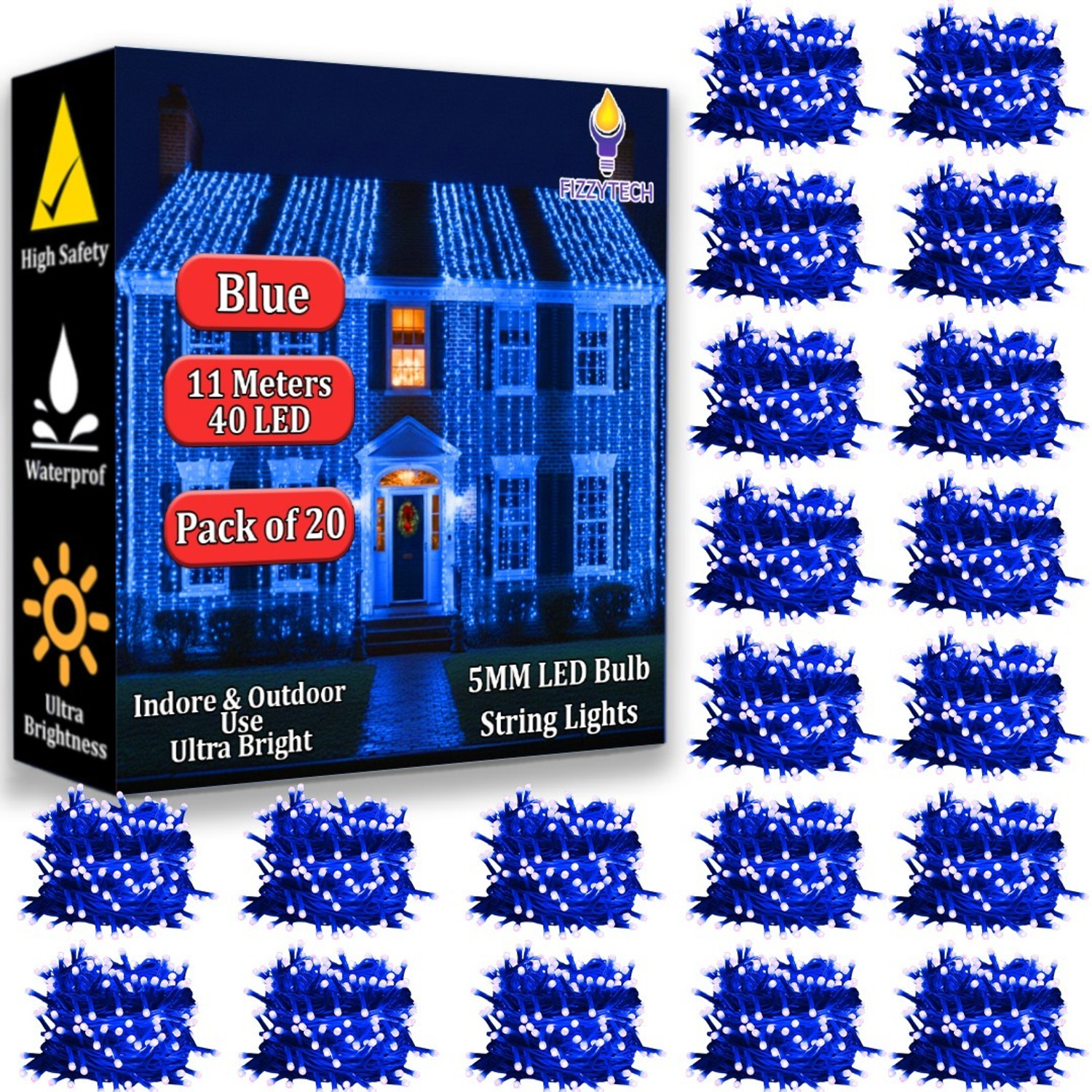 Image of FIZZYTECH 40 LEDs 11 m Blue Flickering String Rice Lights