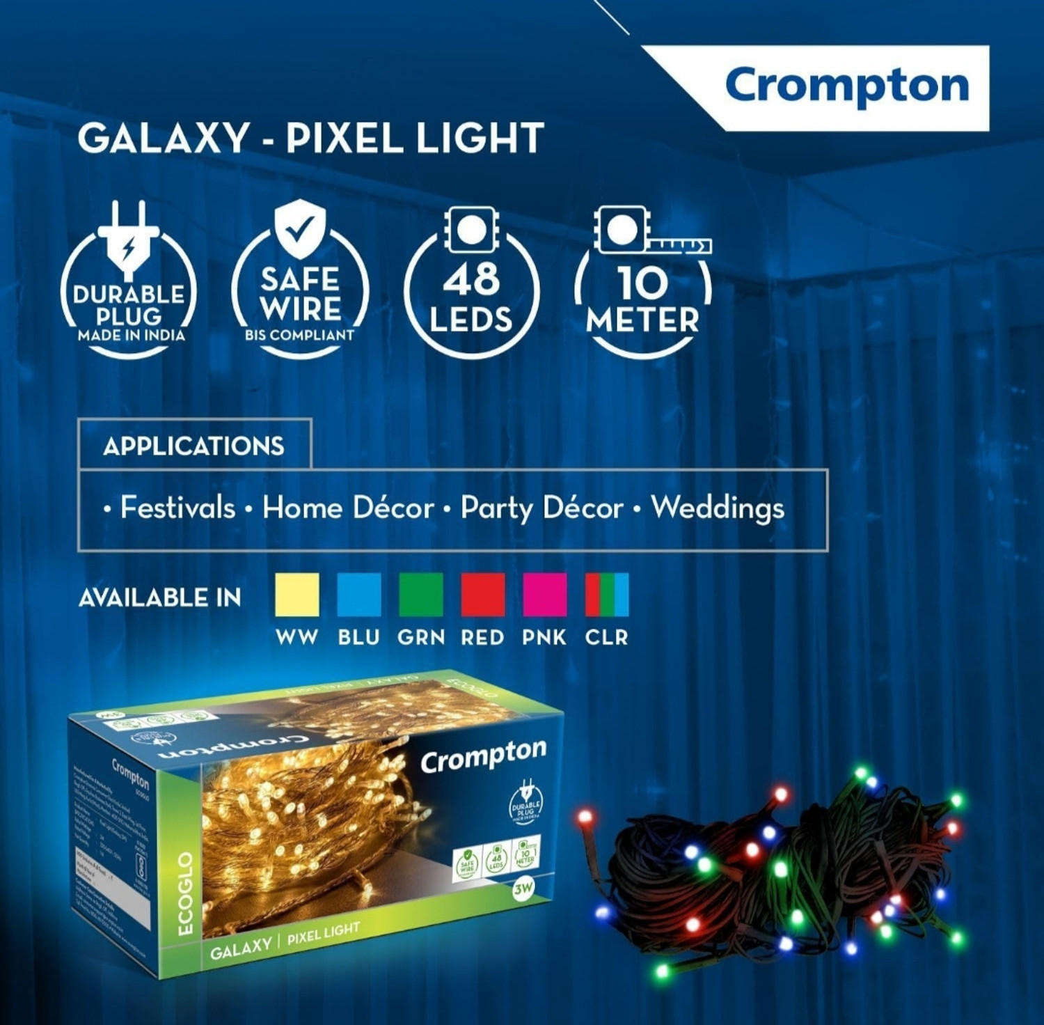 Image of Crompton 48 LEDs 10 m Multicolor Steady Bulb Rice Lights (Pack of 1)