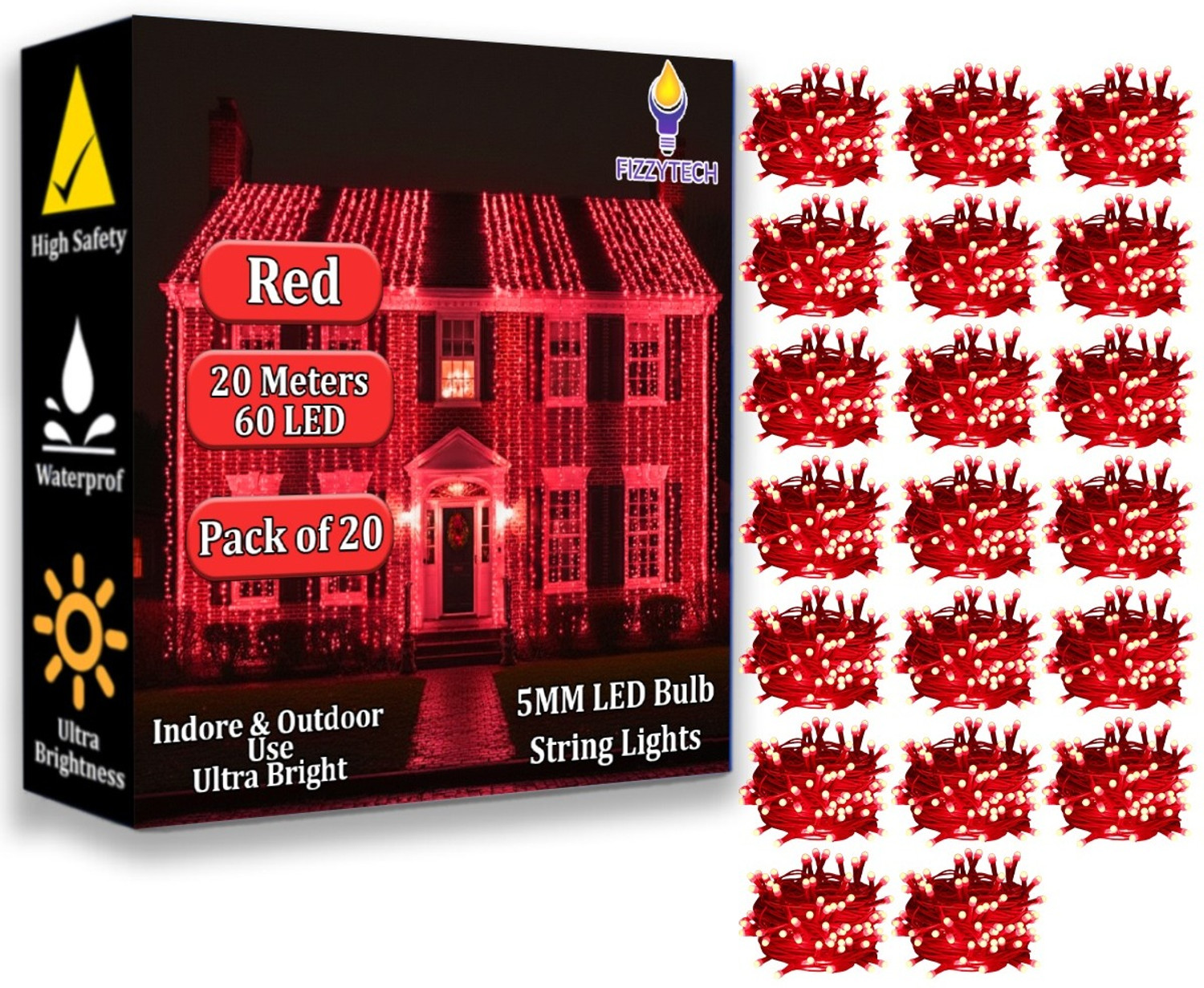 Image of FIZZYTECH 60 LEDs 20 m Red Steady String Rice Lights
