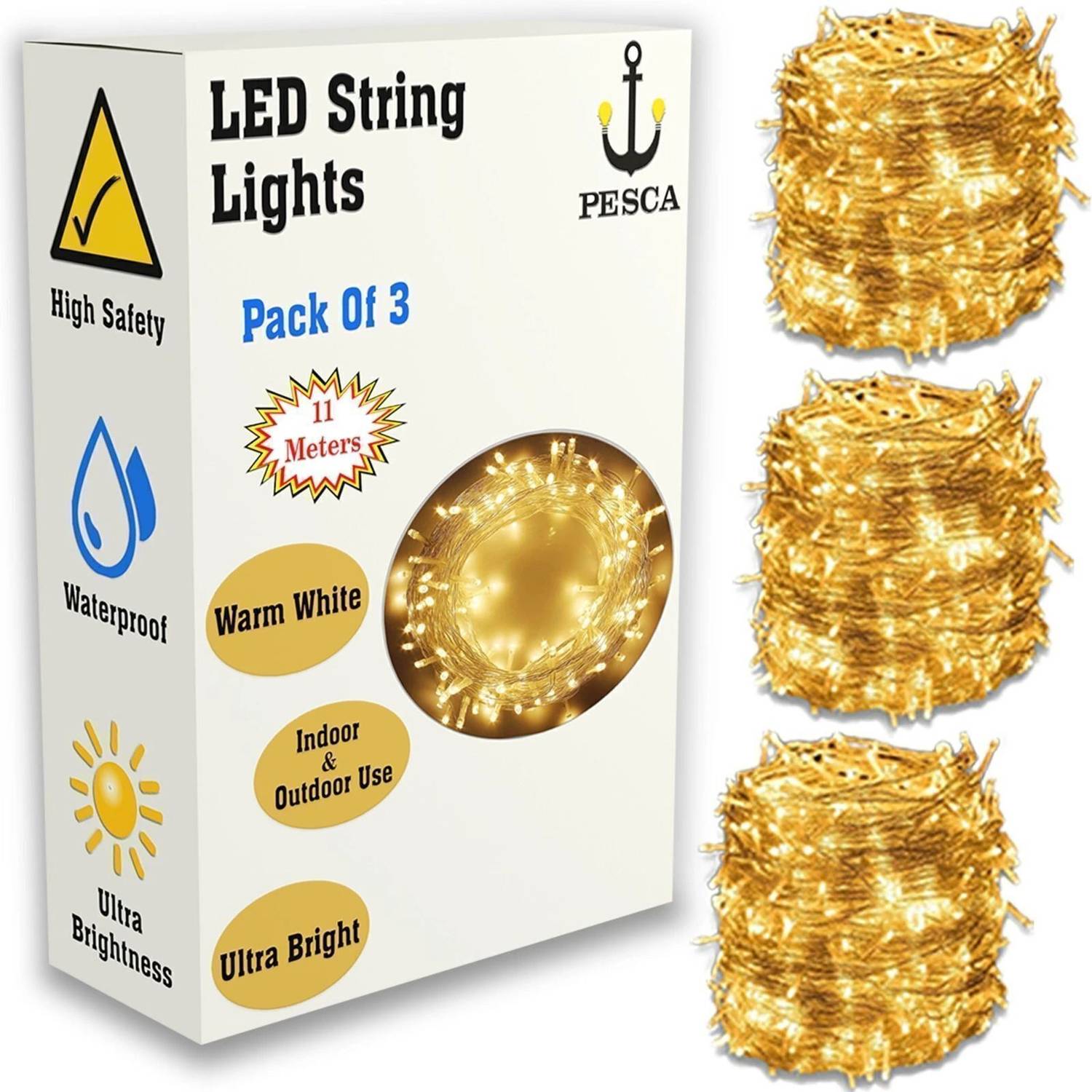 PESCA 40 LEDs 11 m Yellow Steady String Rice Lights (Pack of 3)