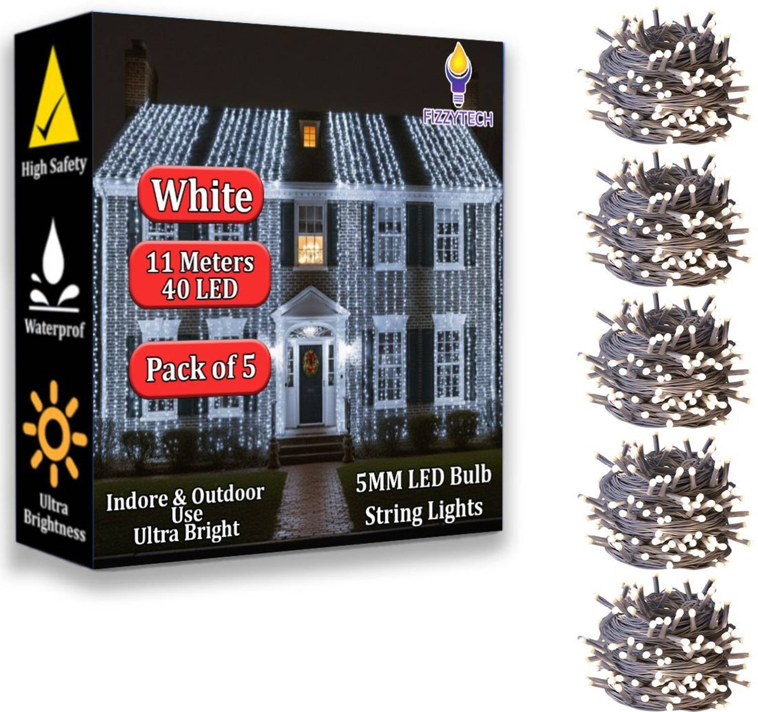 FIZZYTECH 40 LEDs 11 m White Steady String Rice Lights (Pack of 5