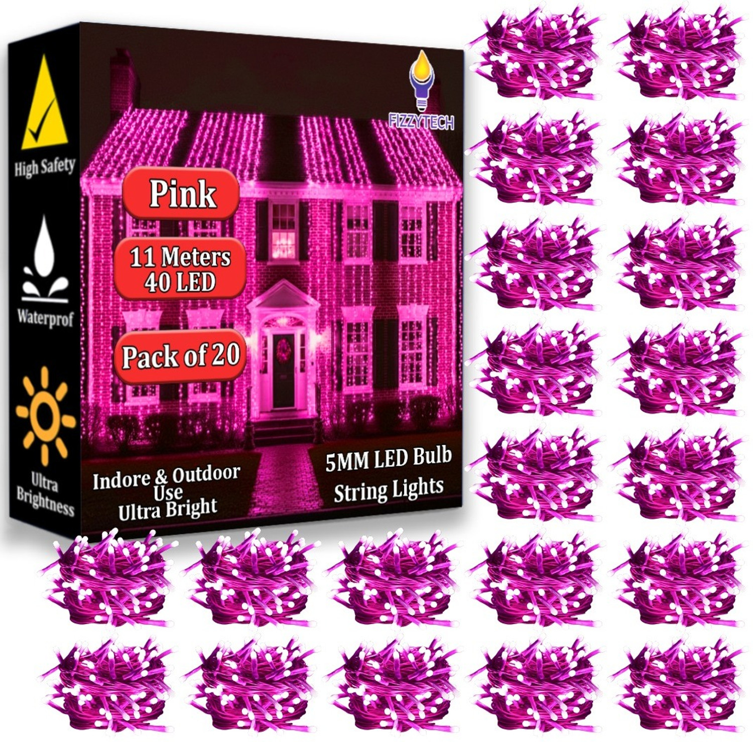 Image of FIZZYTECH 40 LEDs 11 m Pink Flickering String Rice Lights